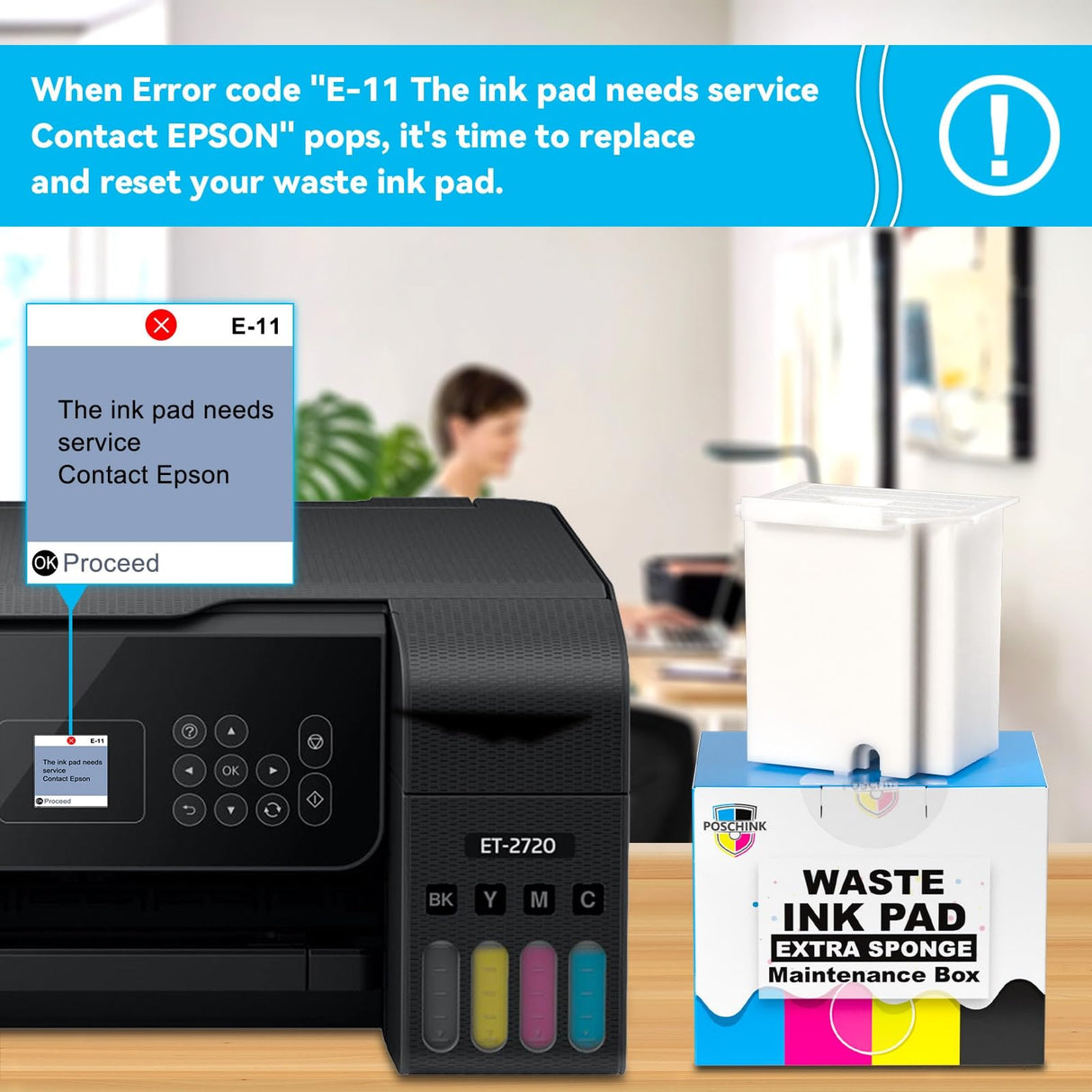 Poschink Waste Ink Pad Replacement for EPSON Ecotank ET-2800 ET-2803 ET-2720 ET-2400 ET-2711 ET-4700 L3110 L3210 L3150 L3250 etc. Printers, Maintenance Box with Extra Sponge Absorbant Poschink