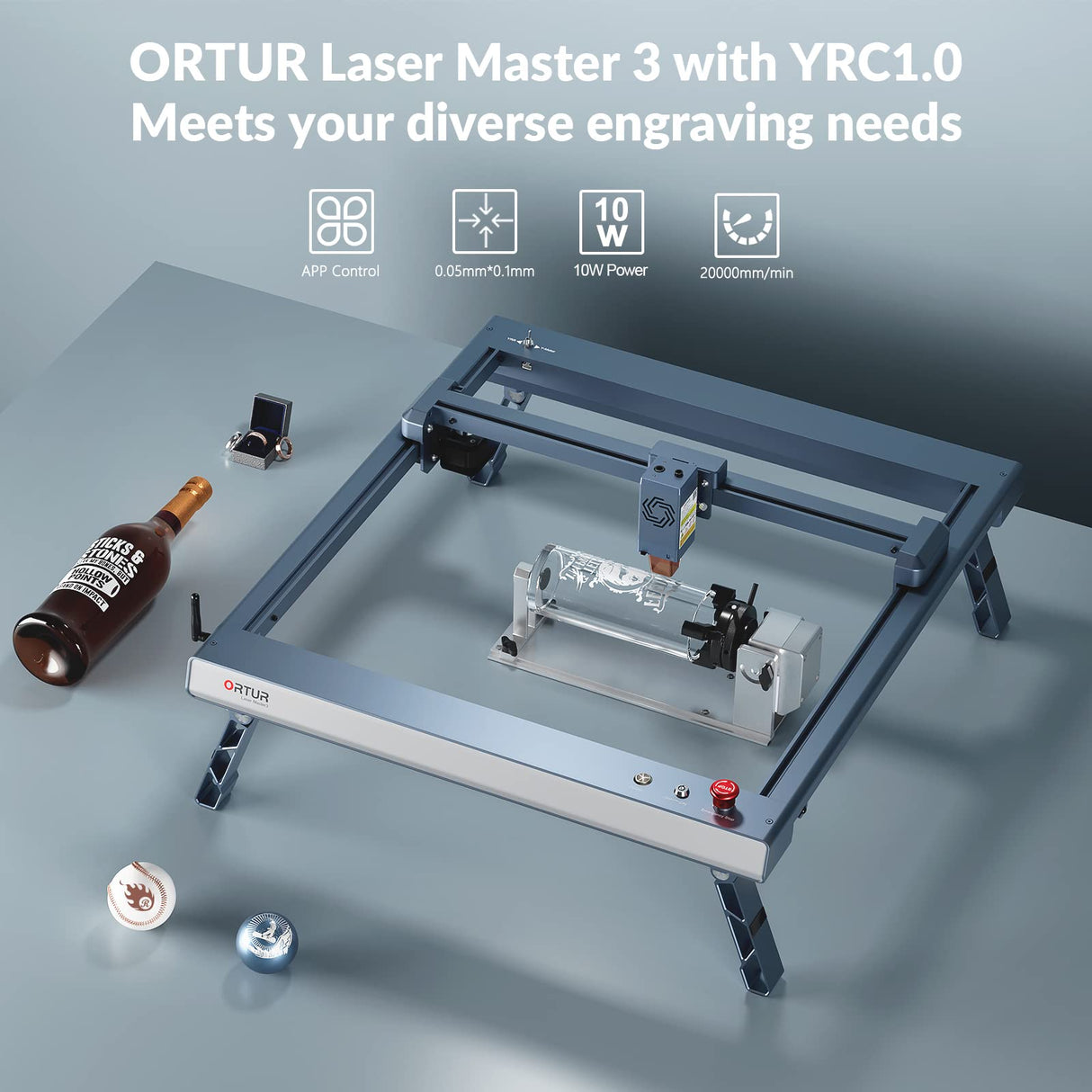 ORTUR Laser Master 3 with Foldable Feet FFT1.0 and Laser Rotary Chuck YRC1.0, 10000mW Output Laser Cutter, App Control Laser Engraver for Wood and Metal, Laser Class 4 Ortur