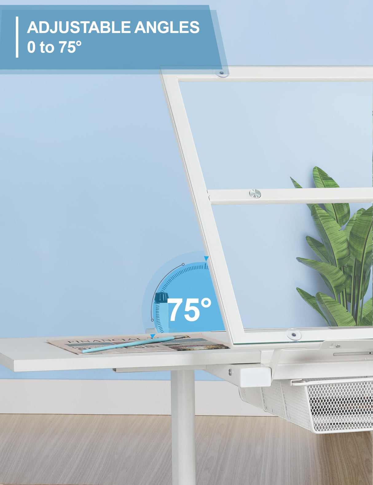 Hand Adjustable Height Drafting Table Artist Drawing Table Multifunctional Art Craft Artists Desk Tilting Glass Tabletop Glass Topped Art Desk Work Station With Stool and Chair for Home Office White CuisinSmart