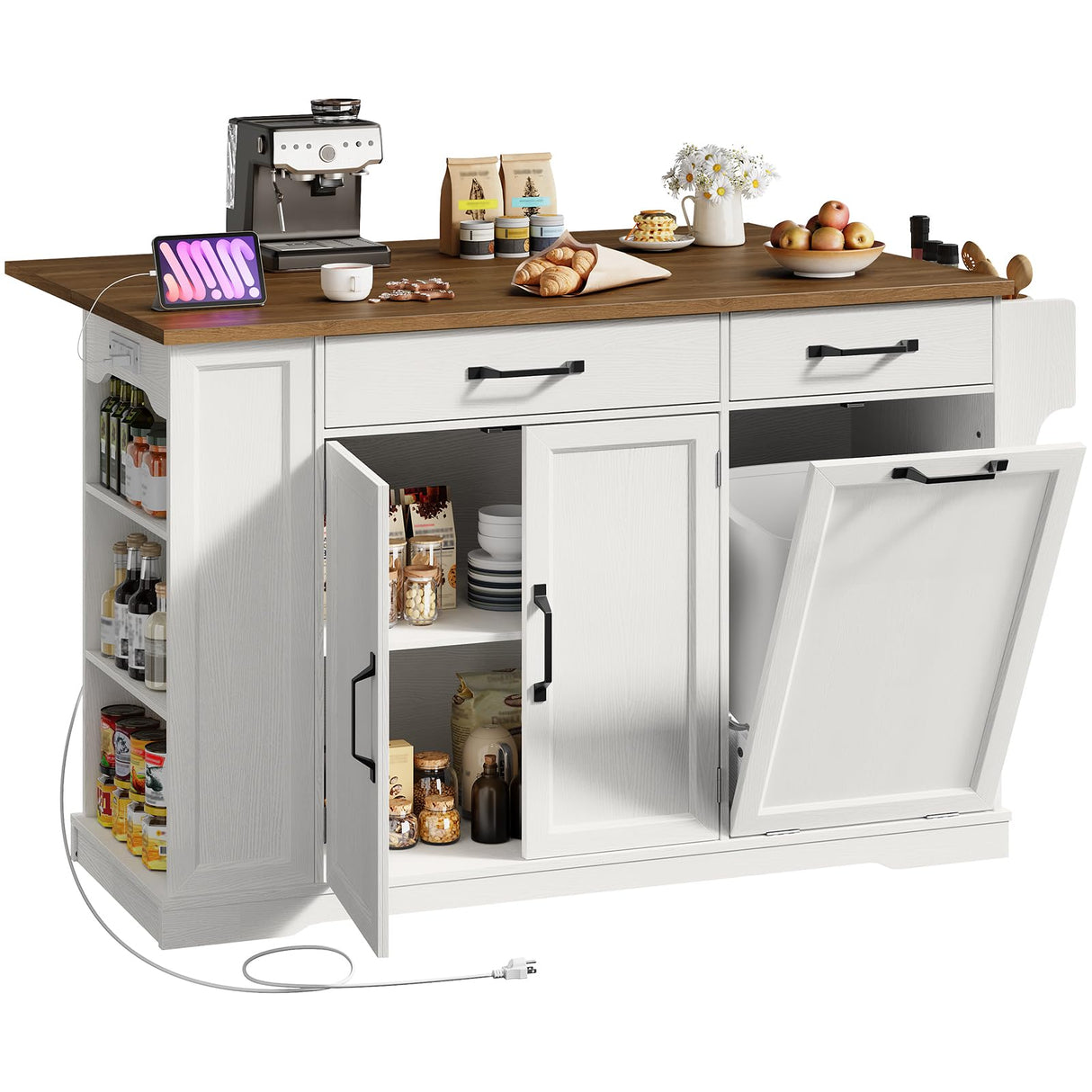 RALGEND Kitchen Island with Power Outlet & Drop Leaf, Rolling Storage Cart with Trash Storage Cabinet,Farmhouse Mobile Island Table for Kitchen, Dining Room, Hidden Casters, White and Walnut RALGEND