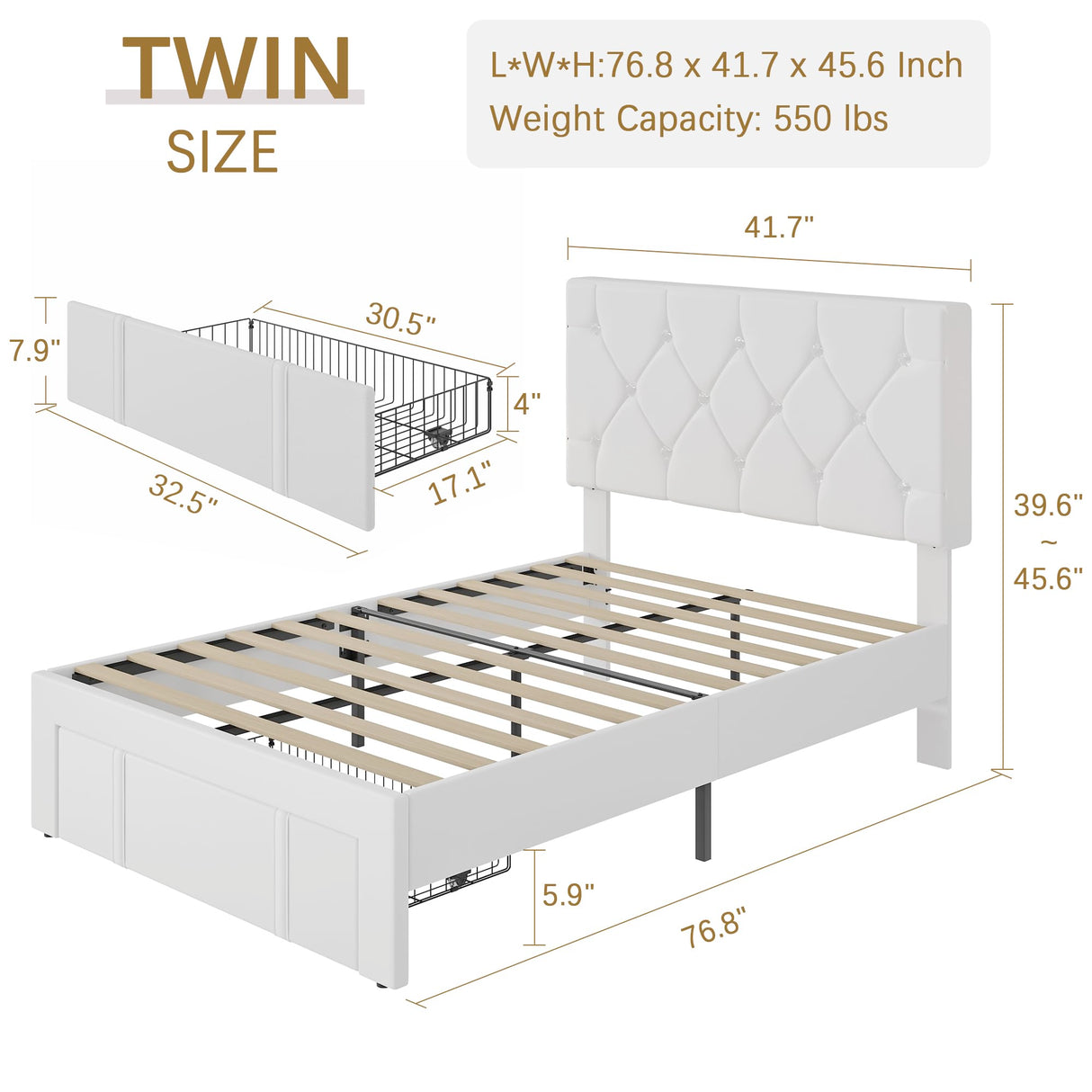VECELO Twin Size Bed Frame with Storage Drawers, Leather Upholstered with Diamond Tufted Headboard, Solid Wood Slat Support, No Box Spring Needed, White VECELO