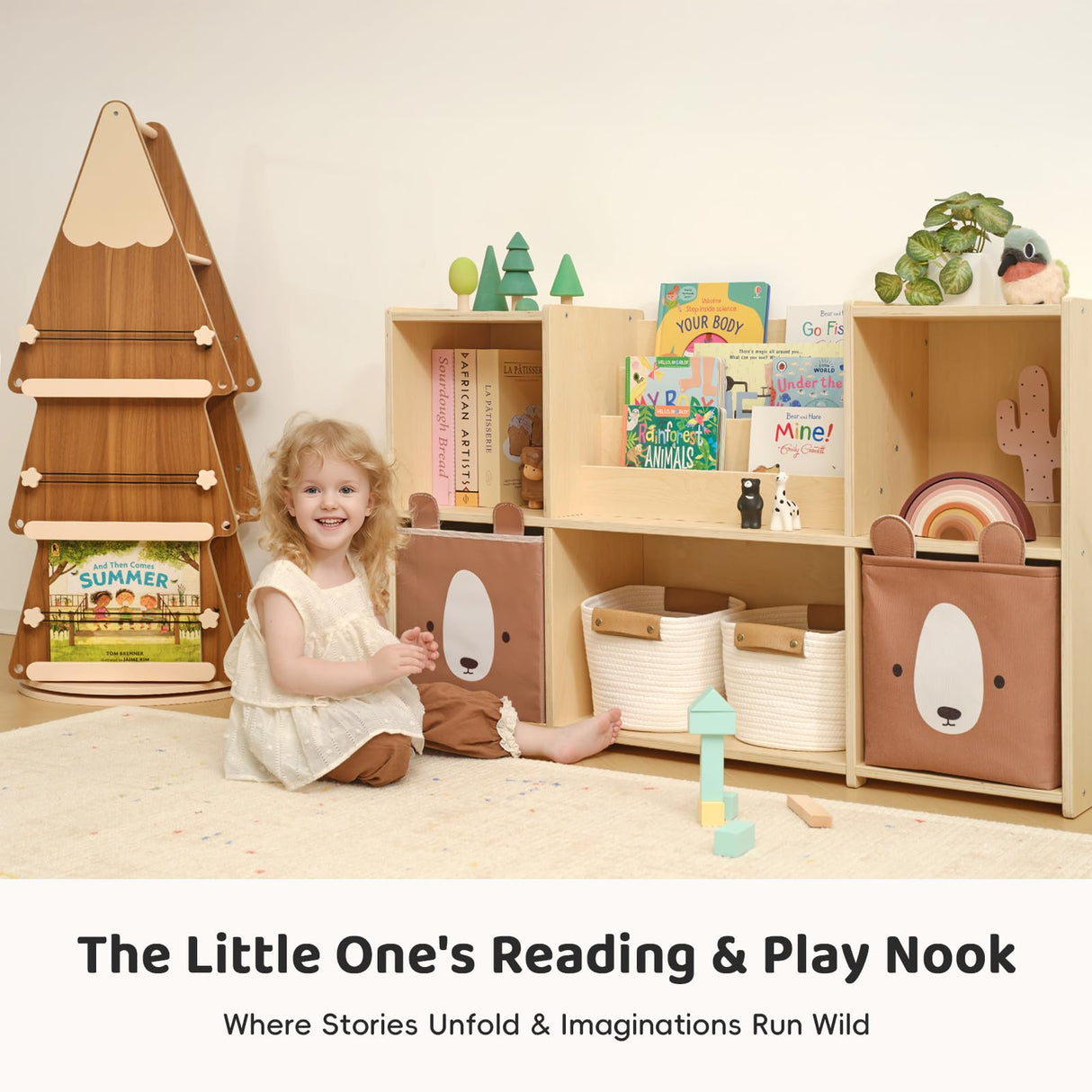 OOOK Solid Wood Rotating Bookshelf Tower 4 Tier, 360°Display Floor Standing Spinning Bookshelf Tower, Small Corner Bookcase for Small Spaces, Kids Tree Book Shelf for Kids Rooms, Classroom, Nursery OOOK