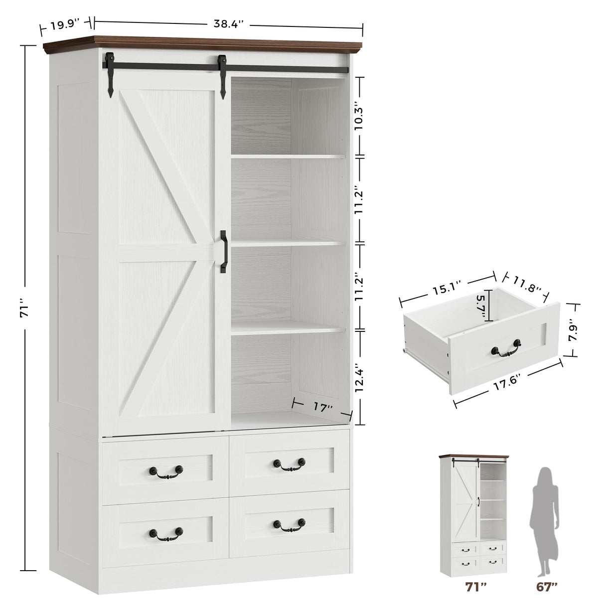 IRONCK Armoire Wardrobe Closet with 4 Drawers,71" Wardrobe Cabinet with Sliding Barn Doors, Tall Clothing Storage Cabinet with Hanging Rod and Shelves for Bedroom, White IRONCK