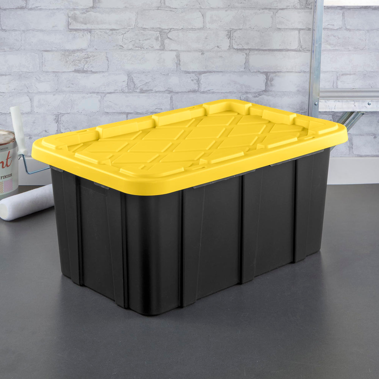 Sterilite 17 Gal Industrial Tote, Stackable Storage Bin with Snap-Fit Lid for Garage, Basement & Attic Storage, Black Base and Yellow Lily Lid, 6-Pack Sterilite