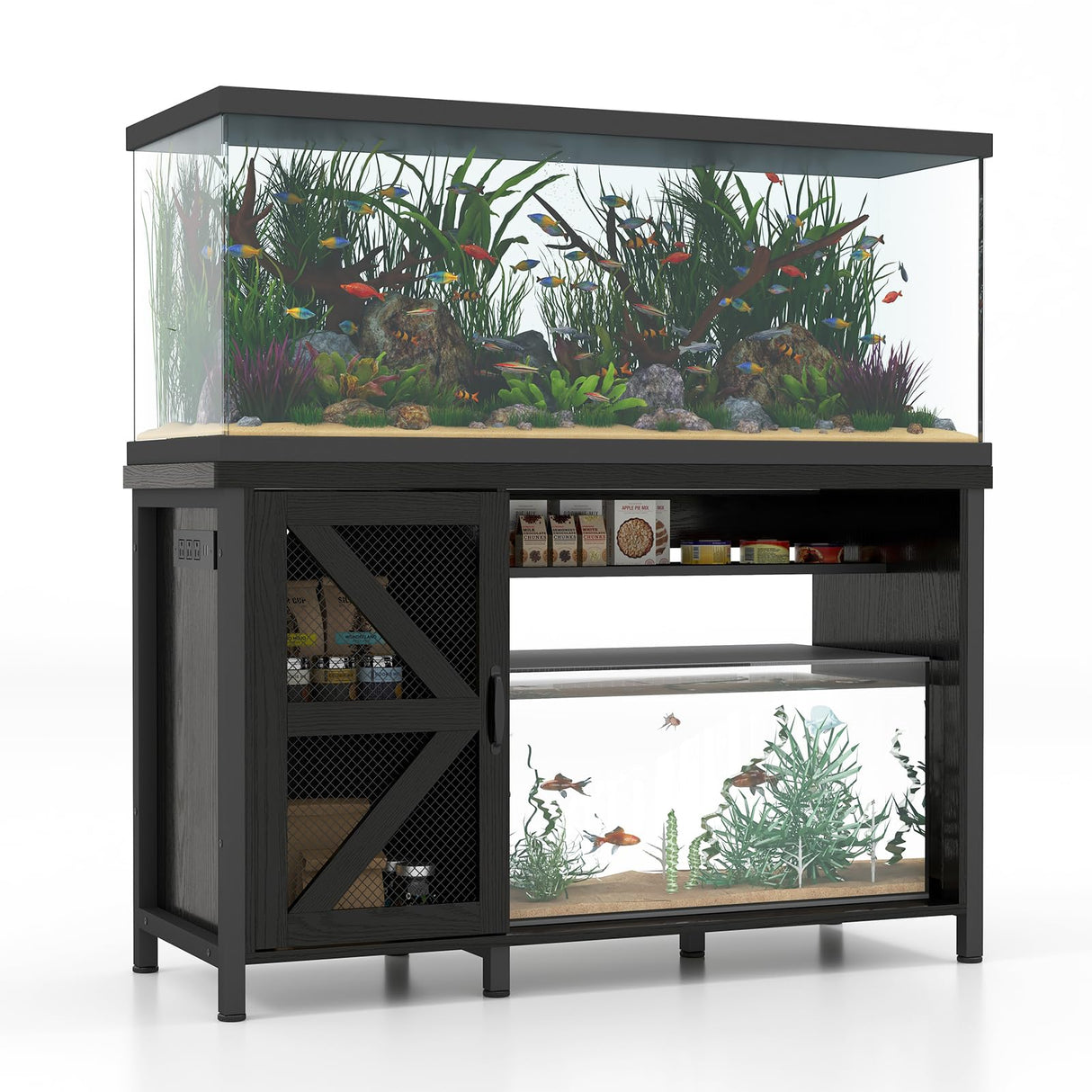 Verano 55-75 Gallon Aquarium Stand with Storage Cabinet, Fish Tank Stand with Power Outlets & LED Light, Wooden Turtle Tank 52 inch x 19.7-inch Desktop, Heavy Duty Metal Frame,1100LBS Capacity (Black) Verano Garden