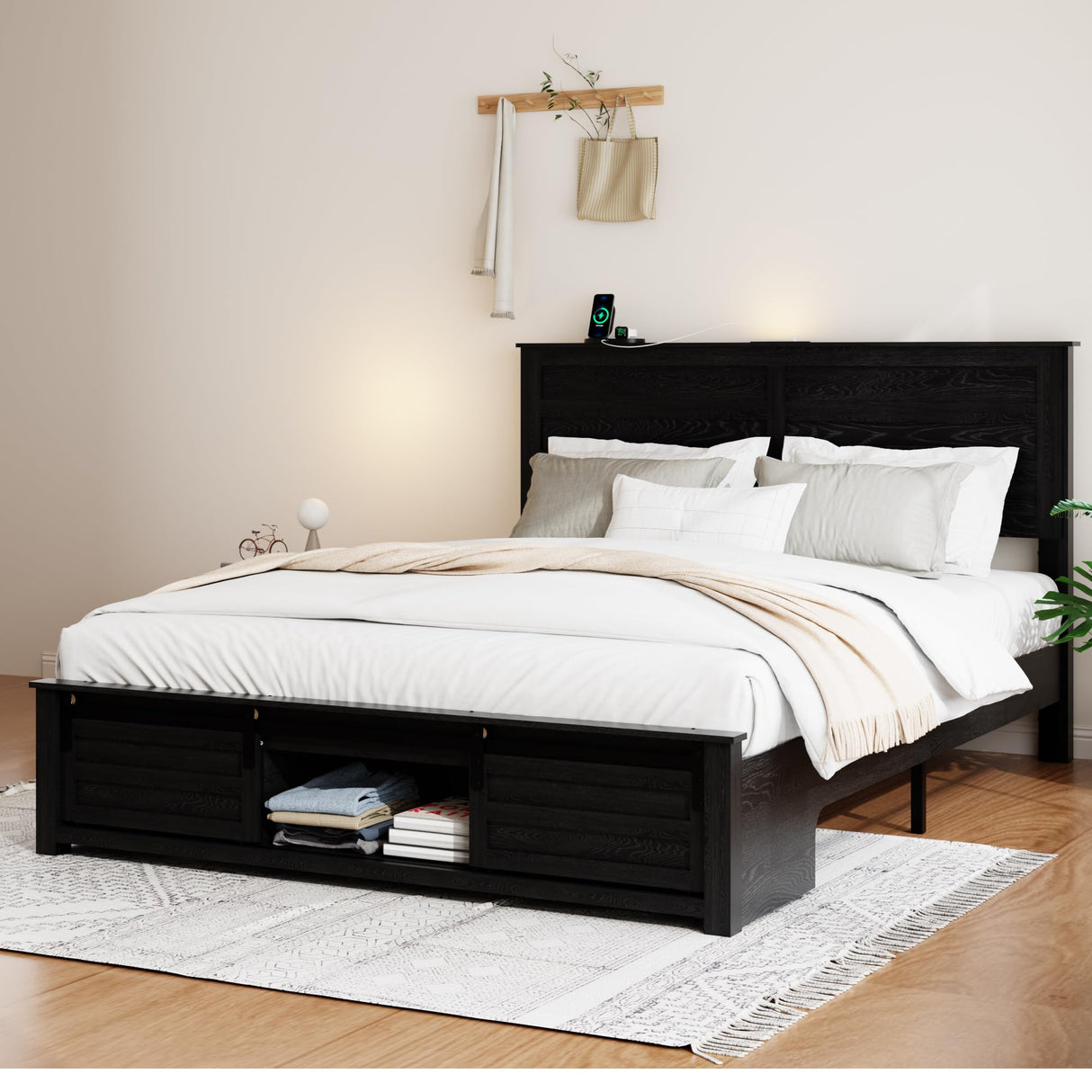 PAUKIN Queen Size Wooden Bed Frame with Headboard, Farmhouse Storage Bedframe with Sliding Barn Door Footboard and Charging Station Easy Assembly, No Box Spring Needed (Classic Black, Queen) PAUKIN