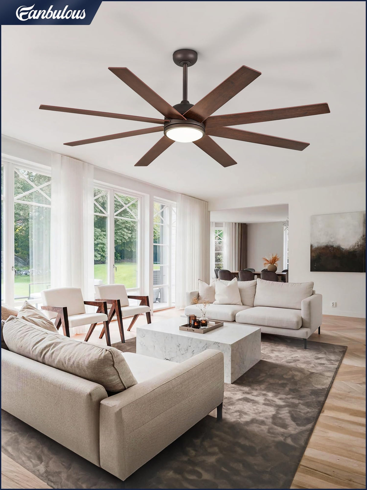 Fanbulous 65 Inch Ceiling Fans with Lights and Remote, Walnut Indoor/Outdoor Ceiling Fan with Quiet Reversible DC Motor, 6 Speeds, 3CCT, 8 Blades Large Ceiling Fan for Living Room Bedroom Patio Fanbulous