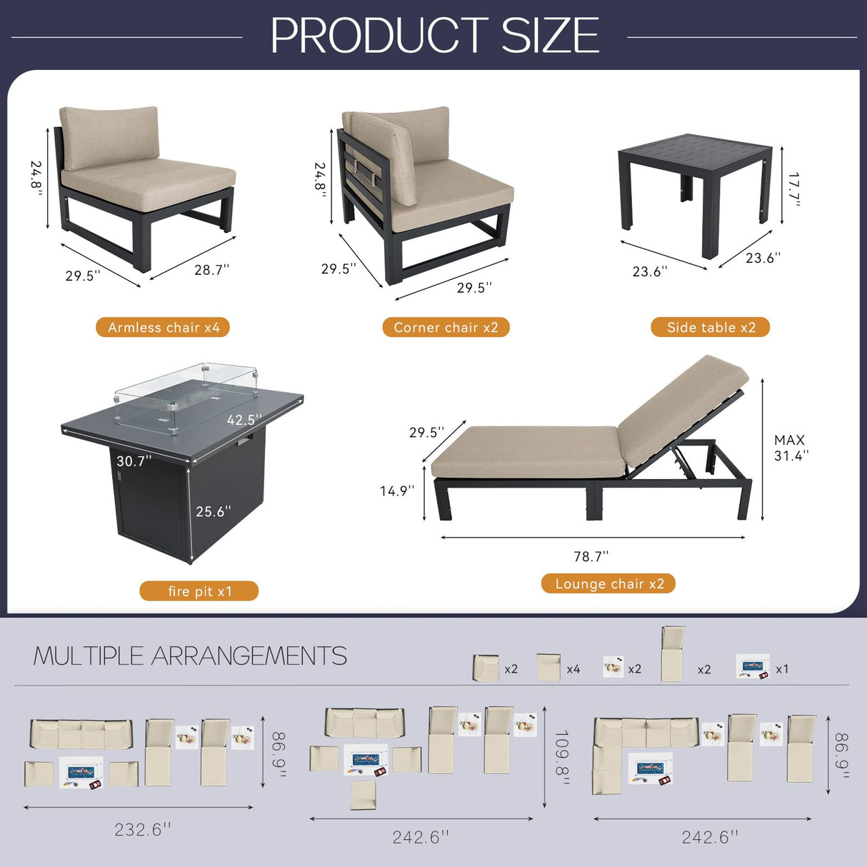 BULEXYARD 11 Piece Modern Aluminum Outdoor Patio Furniture Set with Lounger & Fire Pit Table, Extra Large All-Weather Modular Sectional Couch, 29" Wide Deep Seating Conversation Sofa for Garden, Beige BULEXYARD