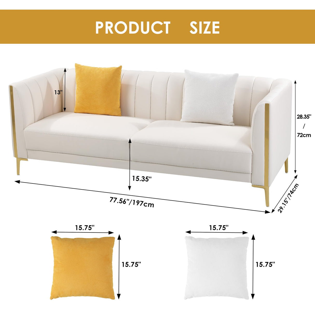 FOTOSOK 78'' Sofa, Modern White Couches for Living Room with 2 Throw Pillows, Comfy Faux Leather Sofa 3 Seater Sofa with Gold Metal Legs, Cloud Sofa Couch Deep Seat Sofas (Cream White) FOTOSOK