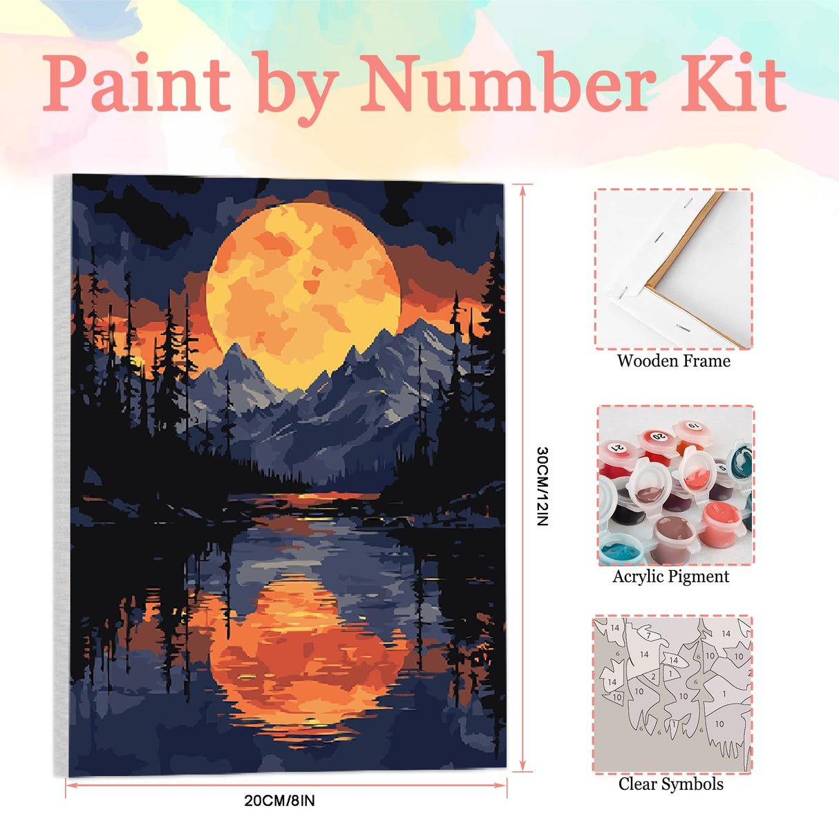 Auremi Mountain Paint by Number Kits with Framed, DIY Sunset Paint by Number Canvas for Adults, Easy Landscape Acrylic in Canvas with Brushes for Decor 20x30cm Auremi