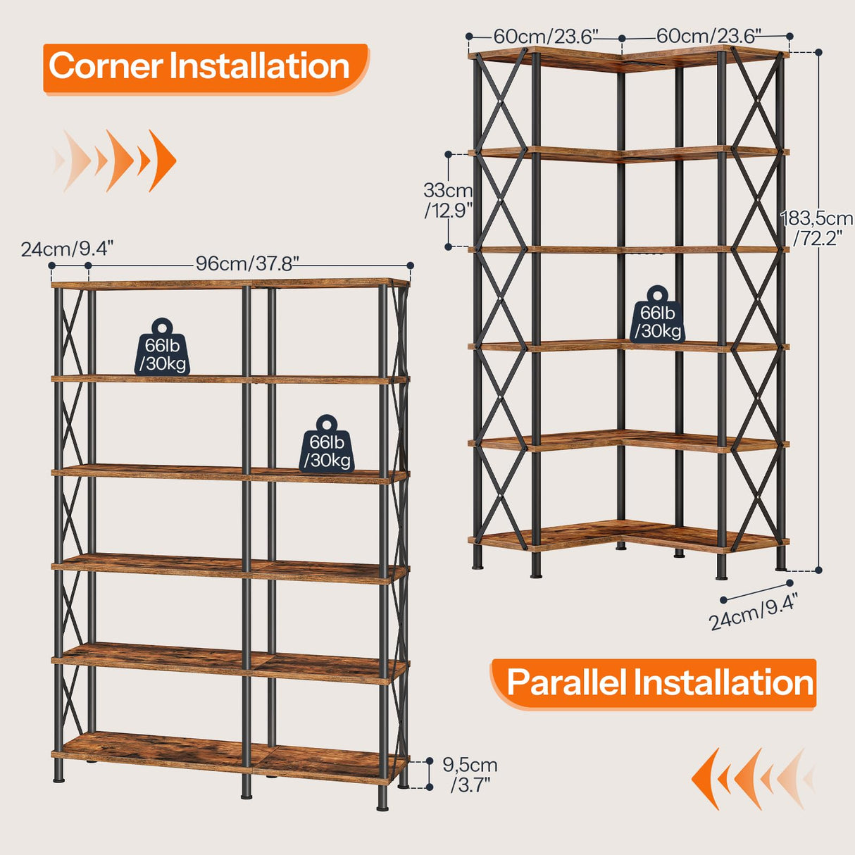 HOOBRO Corner Bookshelf, 6-Tier L-Shaped Bookcase, Industrial Open Display Shelf Tall Storage Organizer, Vertical Storage Rack, for Living Room, Home Office, Rustic Brown and Black BF61SJ01 HOOBRO