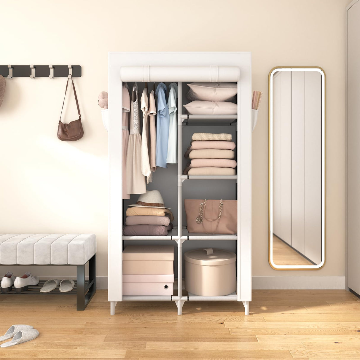 ROJASOP Portable Closet Wardrobe Closet for Hanging Clothes with 6 Storage Shelves, 1 Hanging Rod and 4 Pockets, Clothes Organizer and Storage Wardrobe Free Standing Closet for Bedroom, White ROJASOP