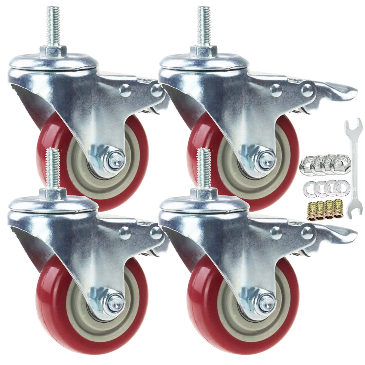 Swivel Stem Casters, Heavy Duty Double-Locking Castors with Red PU Wheels Quiet and No Marking with Metric Thread Rods M10-1.5x25mm 800-1000lb Load Capacity Pack of 4 (3 Inch) N\A