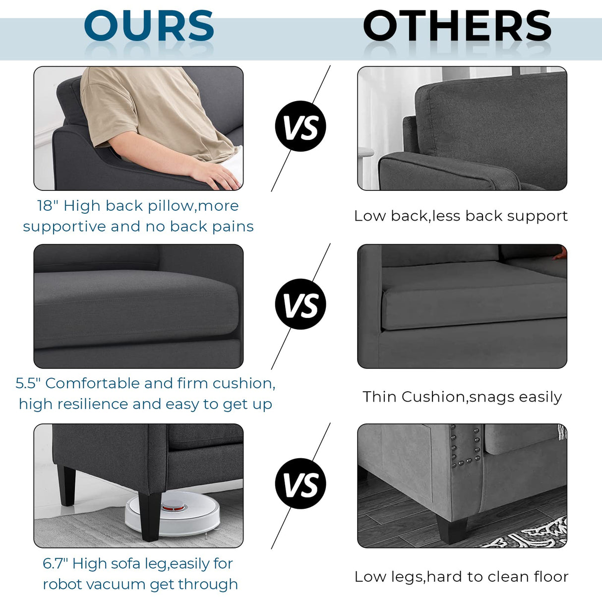 VINGLI Mid-Century Modern Grey Loveseat and Sofa Set,53" Small Love Seat+71" Sofa Couch for Living Room,Bedroom,Apartment(Grey) VINGLI