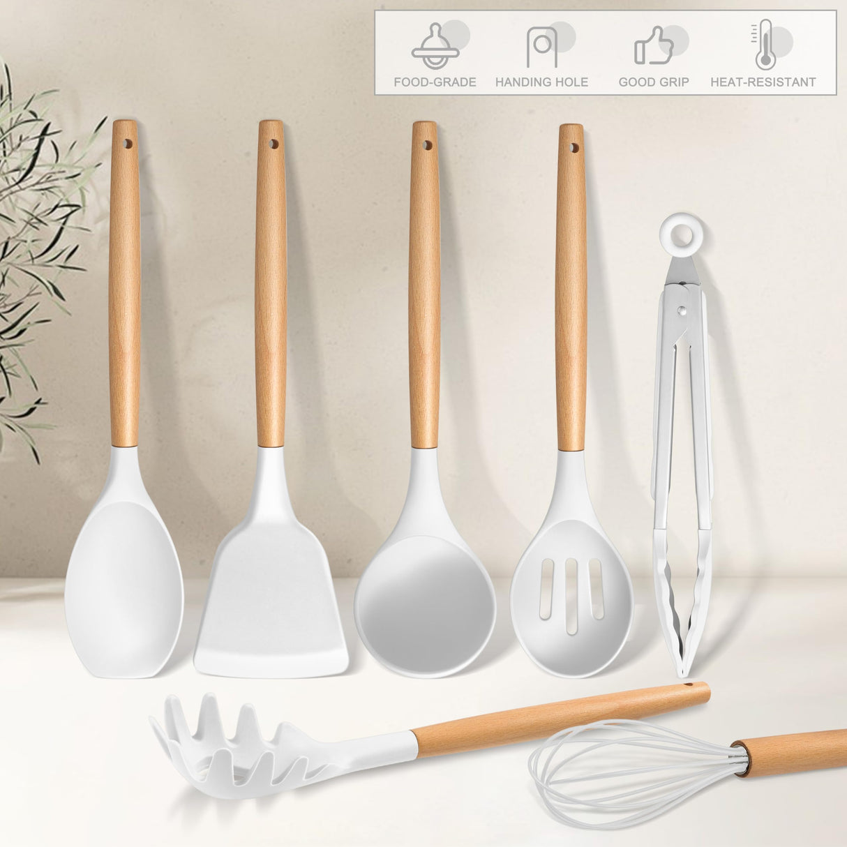 E-far Silicone Cooking Utensils Set, 446℉ Heat Resistant 10PCS Kitchen Utensils Set with Wooden Handle for Nonstick Cookware, Kitchen Tools Spatula Whisk Tongs Ladle, Non-toxic & Healthy, White E-far