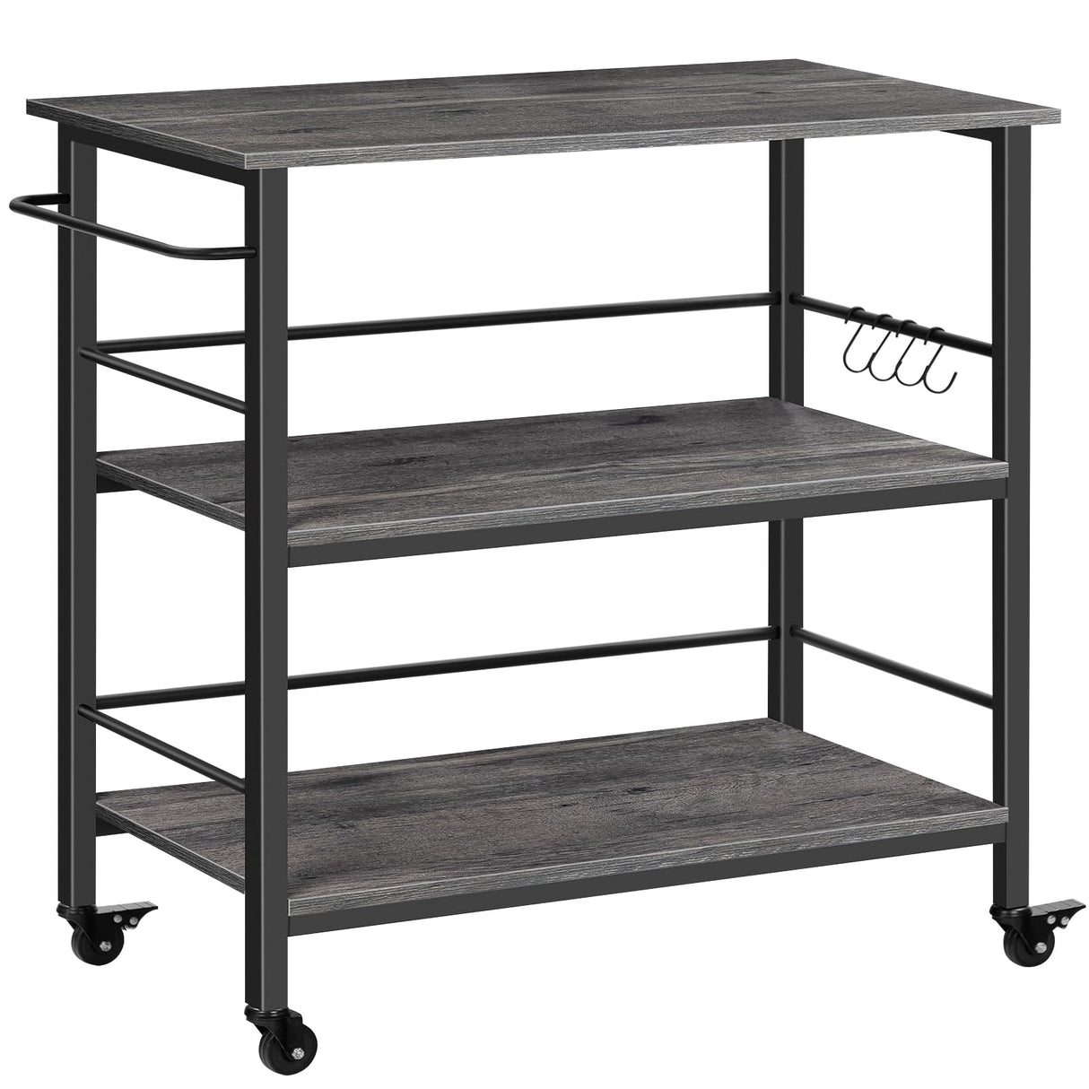 HOOBRO Kitchen Island with Storage,Industrial Kitchen Island on Wheels and Side Enclosures, 3 Tier Kitchen Cart with Large Workstation, Stable, Easy Assembly, Charcoal Gray and Black BC03ZD01 HOOBRO