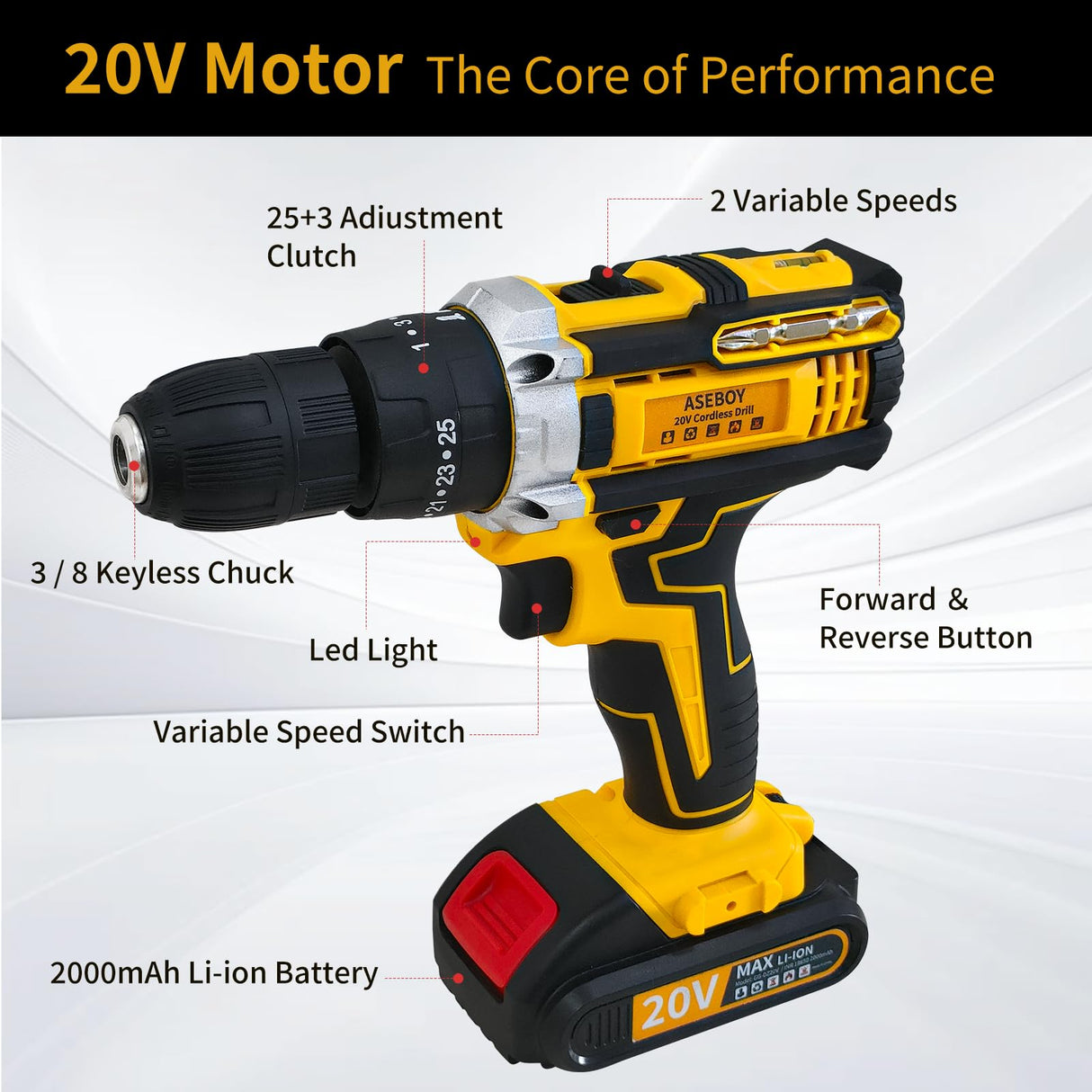 Aseboy Cordless Drill with Battery and Charger, Power Drill Cordless, Electric drill Set with 3/8 Keyless Chuck, 25+3 Torque Settings for Screwdriving, Drilling (1Battery) Aseboy