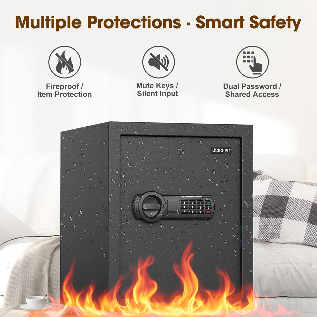 2.3 Cu.Ft Modern Fireproof Safe with Gun Rack – Dual Passwords, Fireproof Bag, Adjustable Shelf, Anti-Scratch Mat & Mounting Kit, Fits Laptop, Documents & Valuables, 15.75"D x 13.78"W x 13.78"H GOLDENKEY