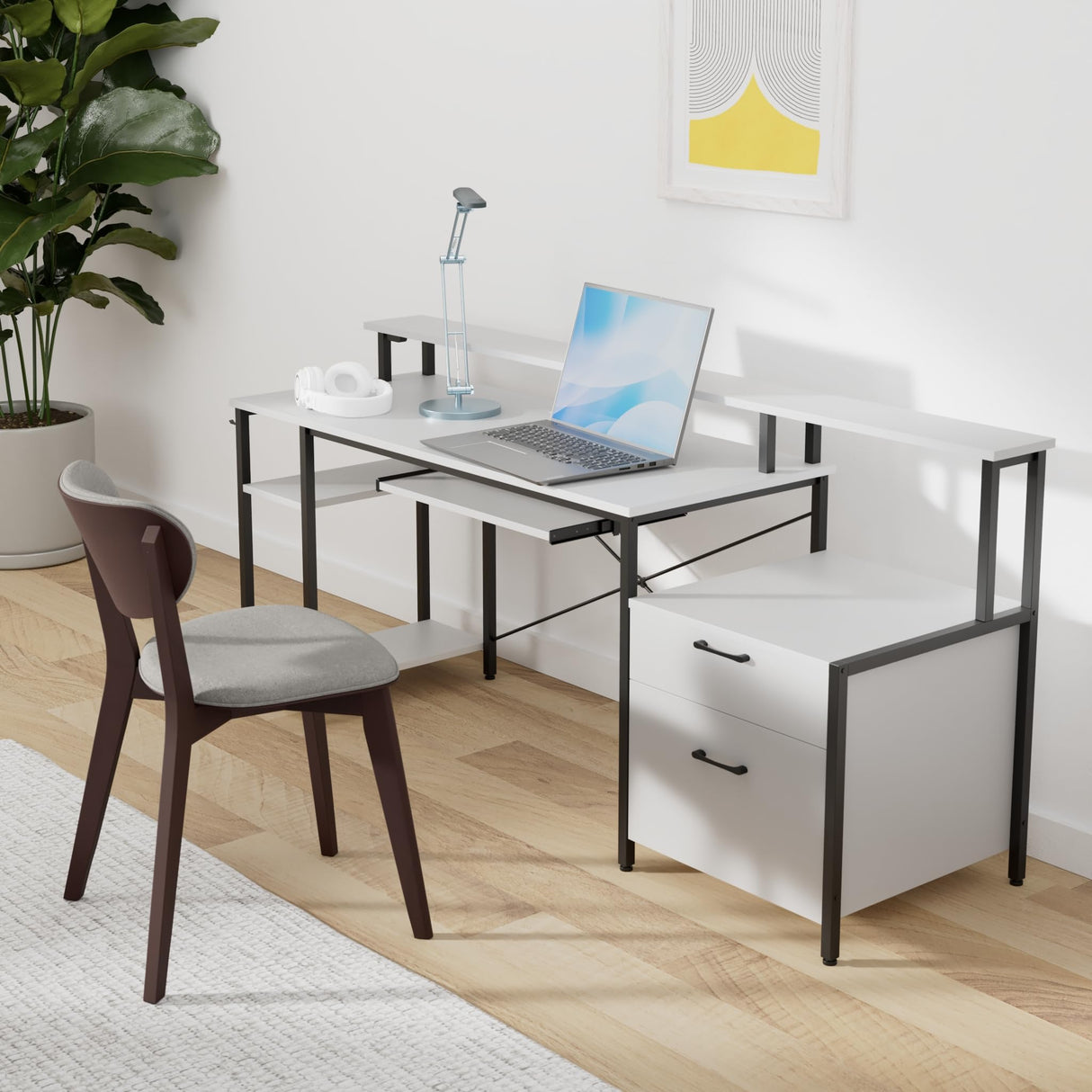 Rolanstar Computer Desk 59" with File Drawer, Gaming Desk with LED Light & Power Outlets, Home Office Desk with File Cabinet & Storage Shelves, with Monitor Stand & Keyboard Tray, White Rolanstar