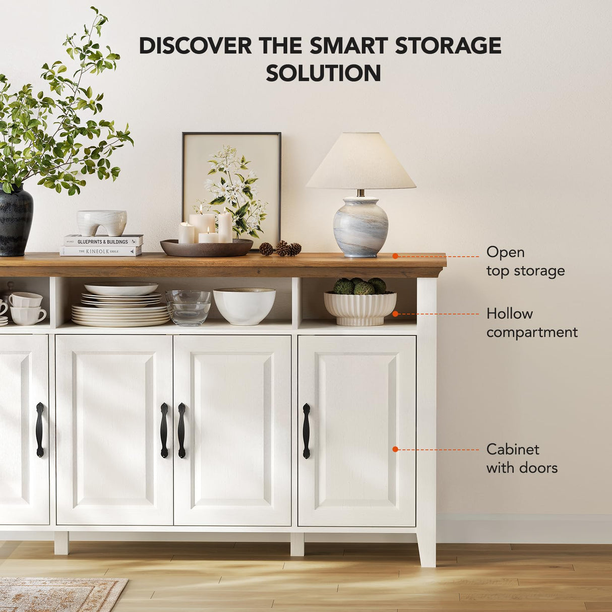 Amada Buffet Cabinet with Storage, 55" Large Sideboard Storage Cabinet with Adjustable Shelves, 4 Doors, Modern Farmhouse Coffee Bar Cabinet, Kitchen Table for Dinning Living Room, Oak and White AMADA HOMEFURNISHING