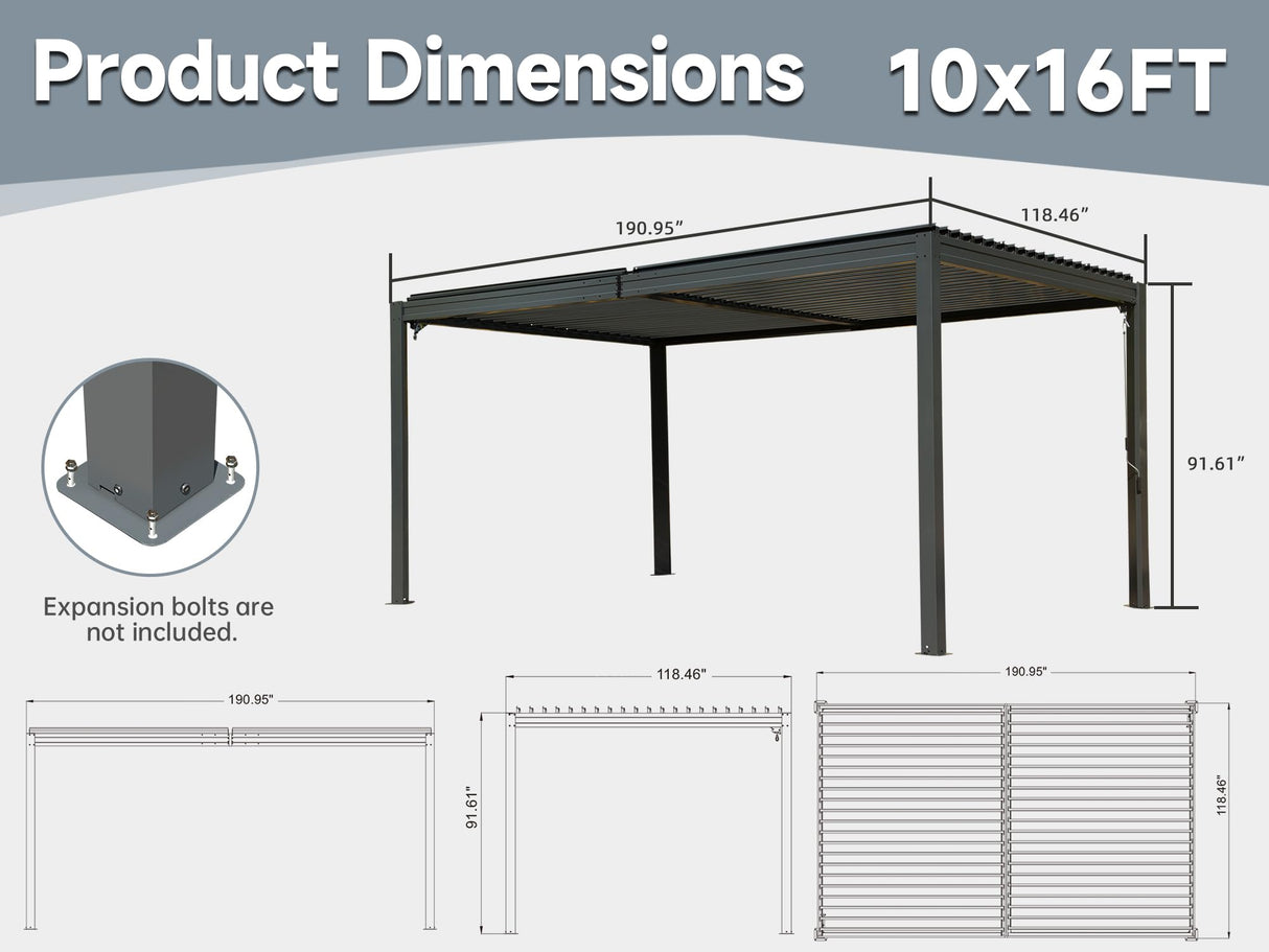 Domi 10' x 16' Louvered Pergola Outdoor Aluminum Pergola with Adjustable Roof, Aluminum Frame, Efficient Drainage System for Patio, Deck, Garden (Gray) domi outdoor living