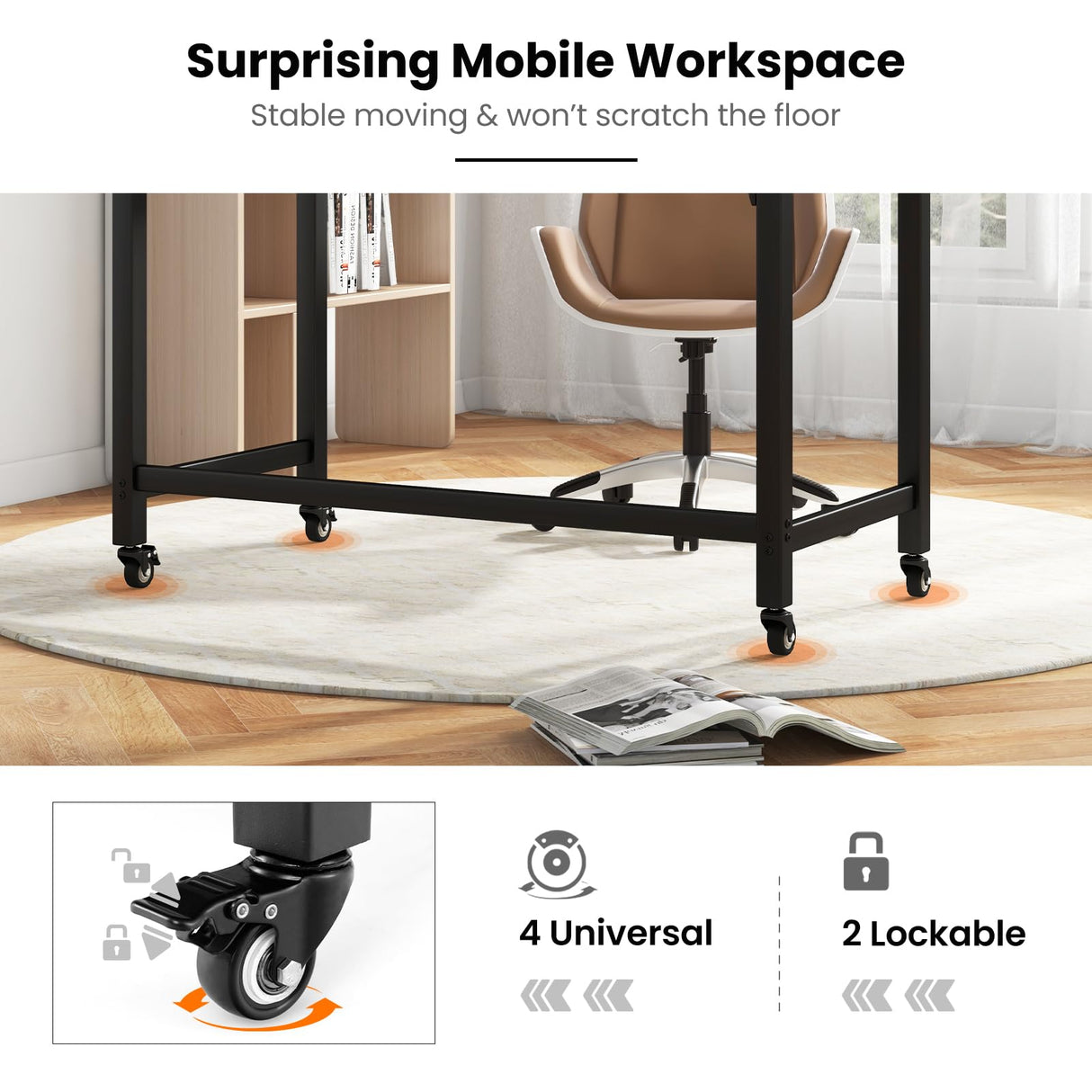 Giantex 48" Rolling Computer Desk, Mobile Study Writing Desk with 4 Smooth Wheels & Metal Frame, Simple Style Home Office Work Bench, Movable Workstation for Living Room, Study & Bedroom (Natural) Giantex