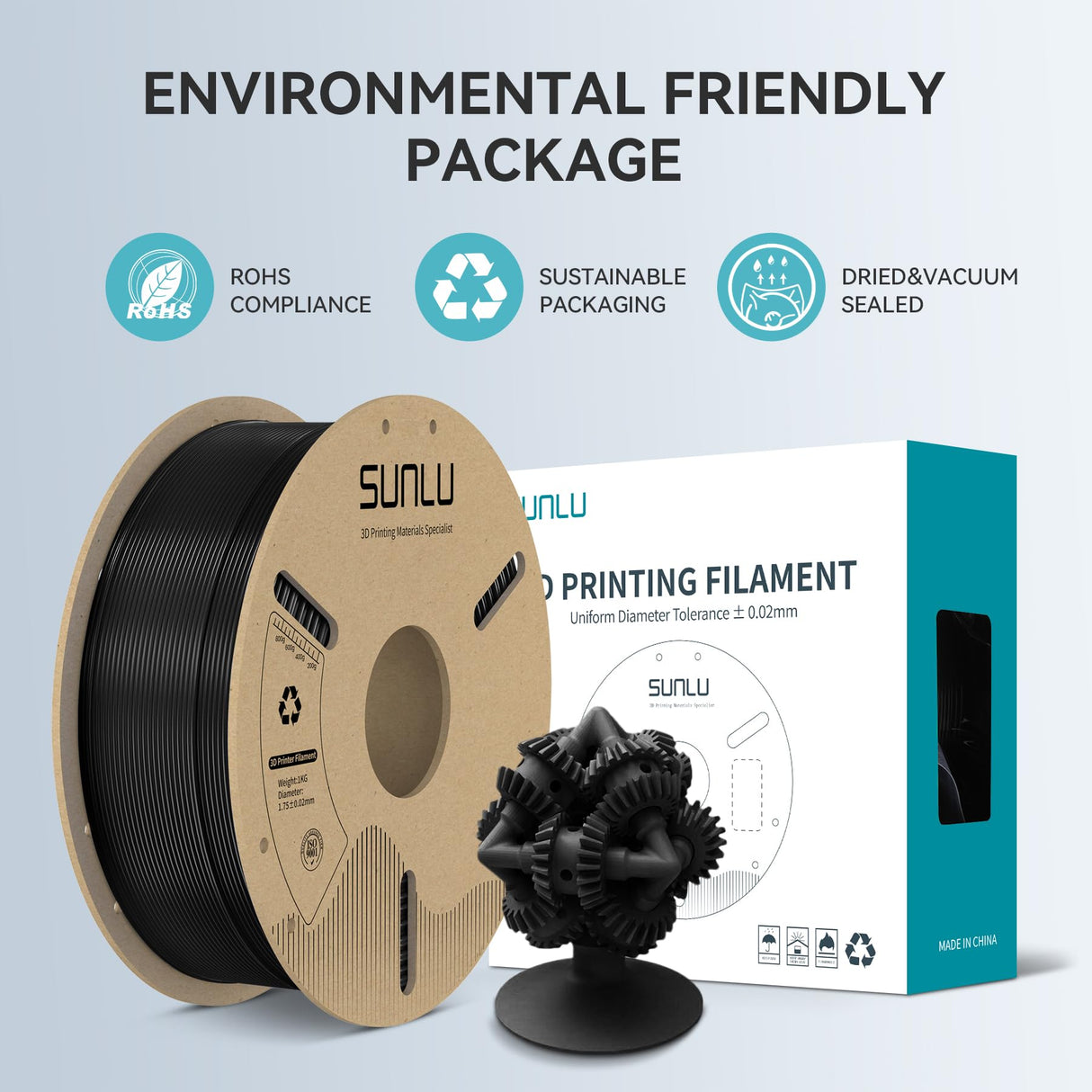 SUNLU PLA+ Filament 1.75mm, 3D Printer Filament 1.75mm ±0.02mm, PLA Plus Fit Most FDM 3D Printer, 1KG Cardboard Spool. (Black) SUNLU