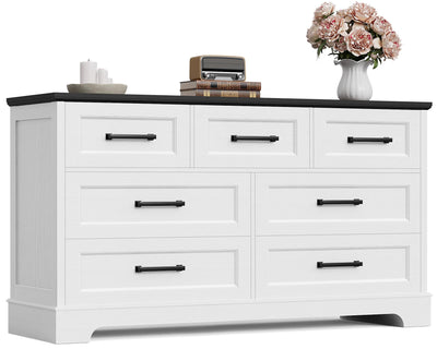 Furmax Farmhouse Dresser for Bedroom, 7 Drawers Dresser, Wood Chest of Drawers, 52" Wide Storage Dressers Organizer for Bedroom, Living Room, White and Black