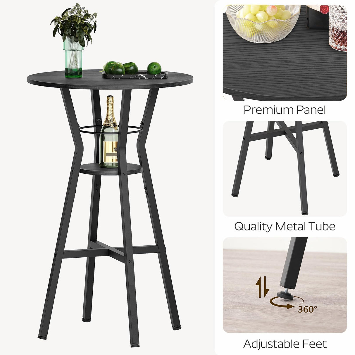 YATINEY Bar Table, 2-Tier Round High Top Table, Pub Table, Home Bar Counter Height, Bistro Tables, for Kitchen, Living Room, Meeting Room, Pub, Black BT03BB YATINEY