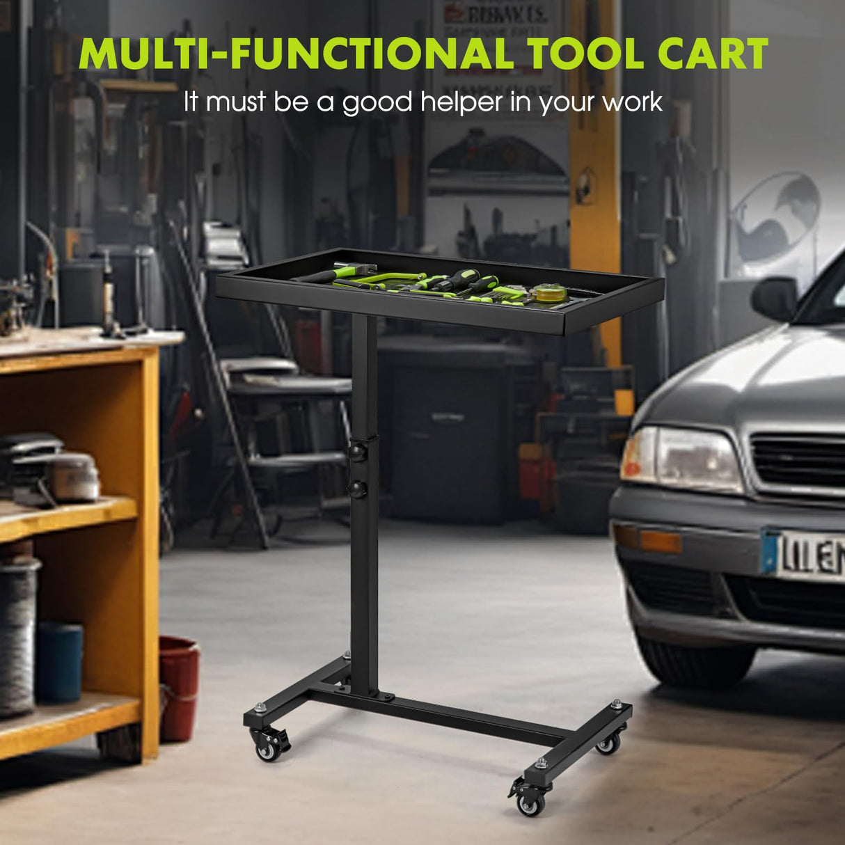 OLBRUS Adjustable Work Table with Wheels, Mechanic Rolling Tool Tray Table for Garage Repair Shops DIY, 220LBS Capacity Mobile Heavy Duty Steel Tool Cart OLBRUS