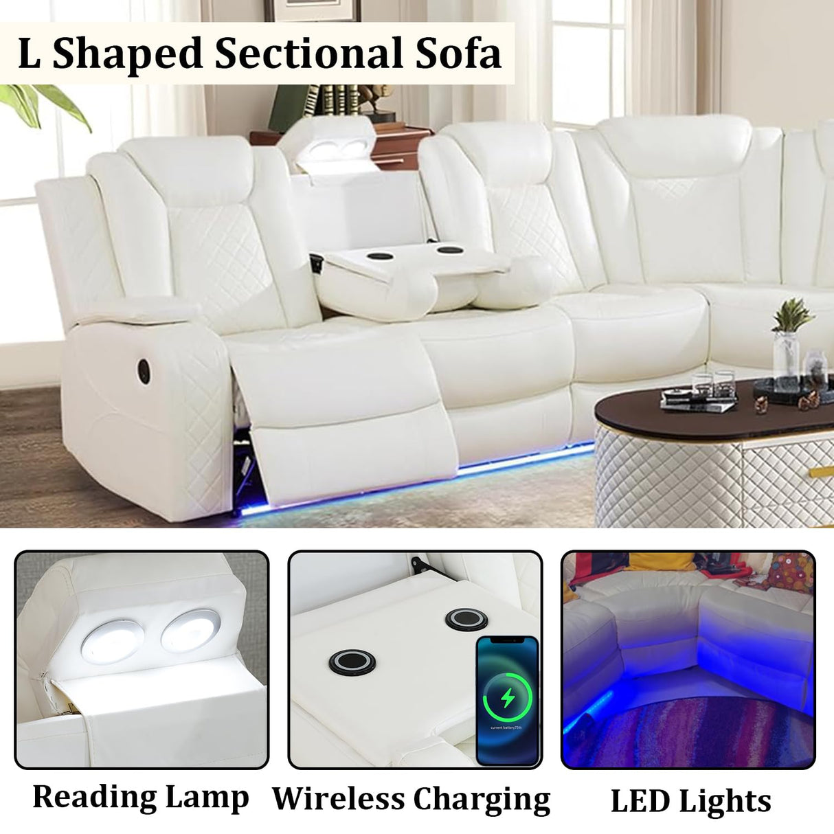 SIENWIEY Power Reclining Sectional Sofa Set with LED Lights, Vegan Leather Recliner Sectional Couch for Living Room Furniture,Wireless Charging/USB Charging/Reading Lamp/Armrest Storage,White SIENWIEY