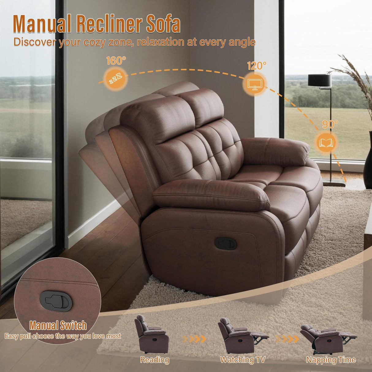 Msutree Loveseat Recliner Sofa, Oversized 2 Seater Reclining Loveseat Chair, Top Grain Leather Manual Recliner Sofa, Brown Modern Double Seater Couch for Living Room Msutree