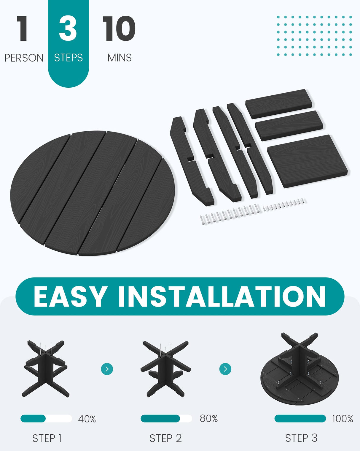 SERWALL Outdoor Coffee Table, HDPE Patio Round Coffee Table for Balcony, Garden, Backyard (Black) SERWALL