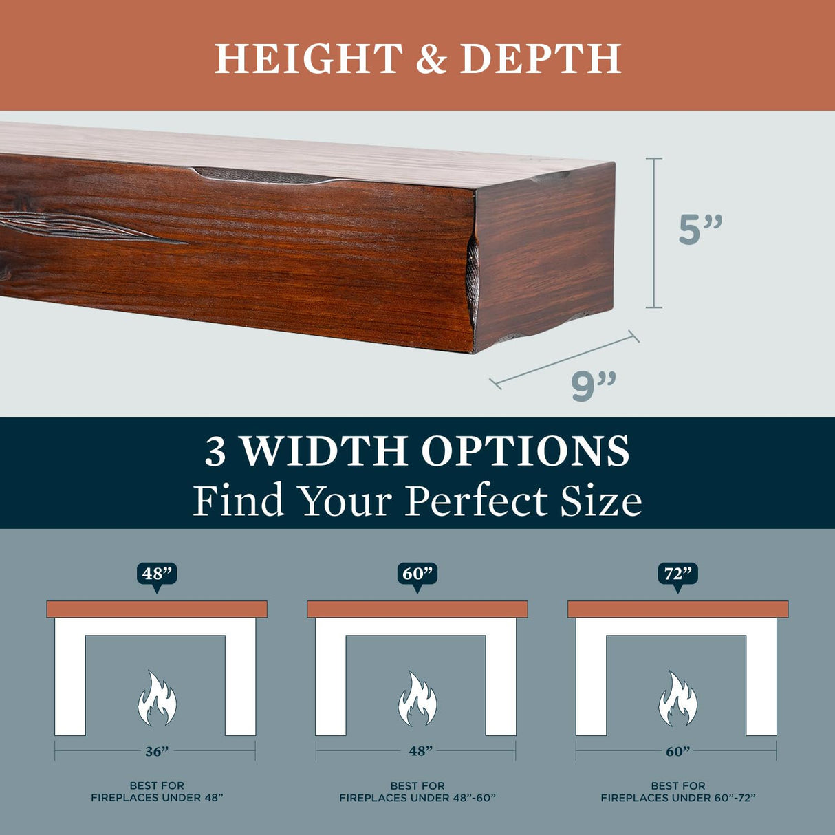 48 Inch Floating Fireplace Mantel Wood Shelf In Cherry Rustic - Breckenridge From Mantels Direct | With Corbel Bracket Arches | Wooden Rustic Wall Shelf Perfect for Electric Fireplaces and Décor MANTELSDIRECT