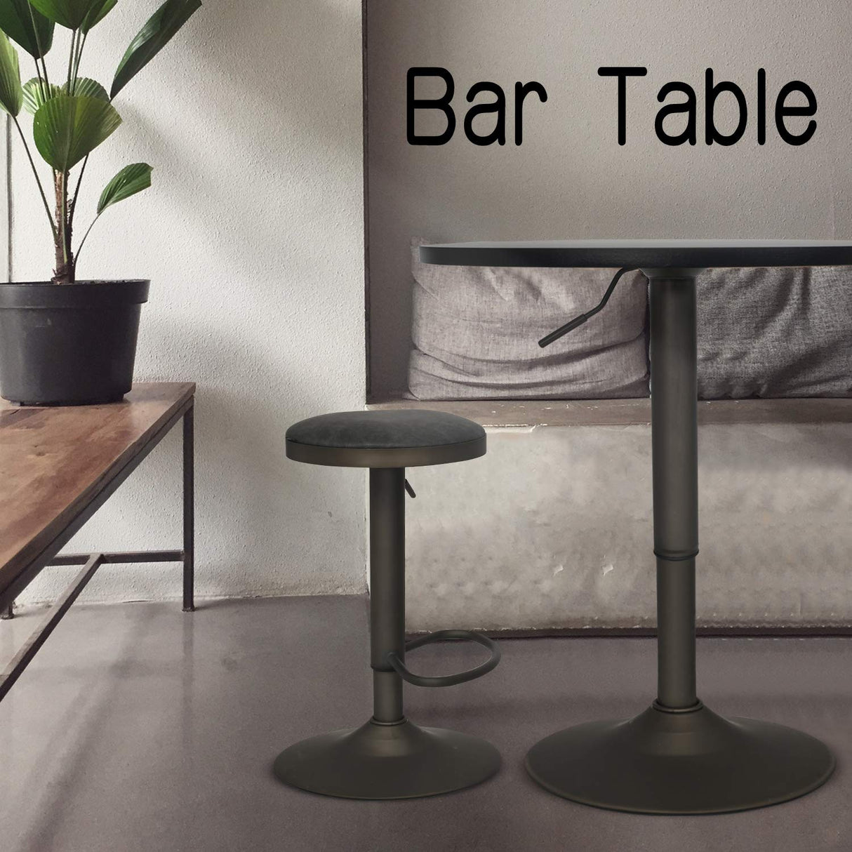 SOLIDEE 24-Inch Round Bar Table Adjustable Height and Wood Cocktail Pub Table MDF Top 360° Swivel Furniture, Black SOLIDEE