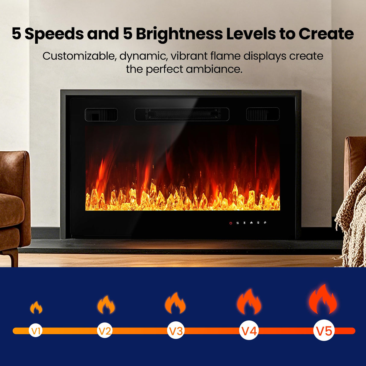 Electric Fireplace Insert 30" Realsmart 1500W Wall Mounted Fireplaces Recessed Heaters Remote Control Slim Black Fireplace Touch Screen Timer 12 Flame Colors LED Decor Low Noise RealSmart