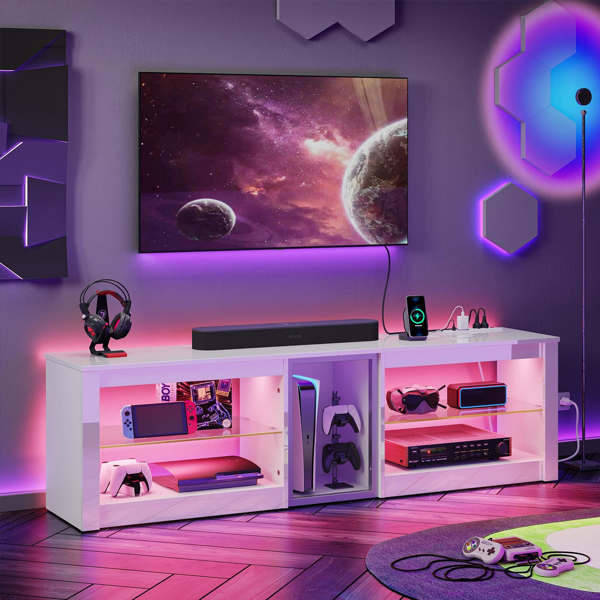 Bestier High Gloss TV Stand for 70 inch TV with Power Outlets, LED Entertainment Center for PS5, Gaming TV Consoles with Glass Shelves for Living Room, 63'' Inch, Bright White Bestier