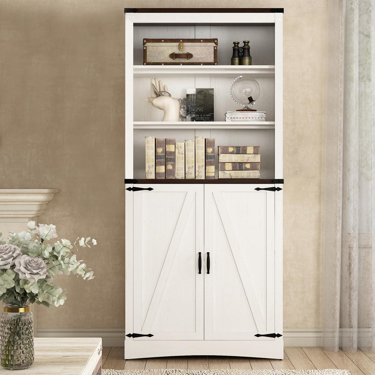 Farmhouse Tall Storage Cabinet with Adjustable Shelves and Barn Doors - 71in White Kitchen Pantry Hlivelood