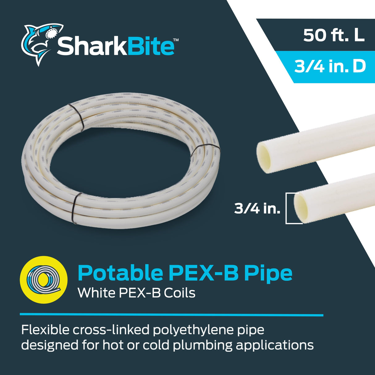 SharkBite 3/4 Inch x 50 Feet White PEX-B, PEX Pipe Flexible Water Tubing for Plumbing, U870W50 SharkBite