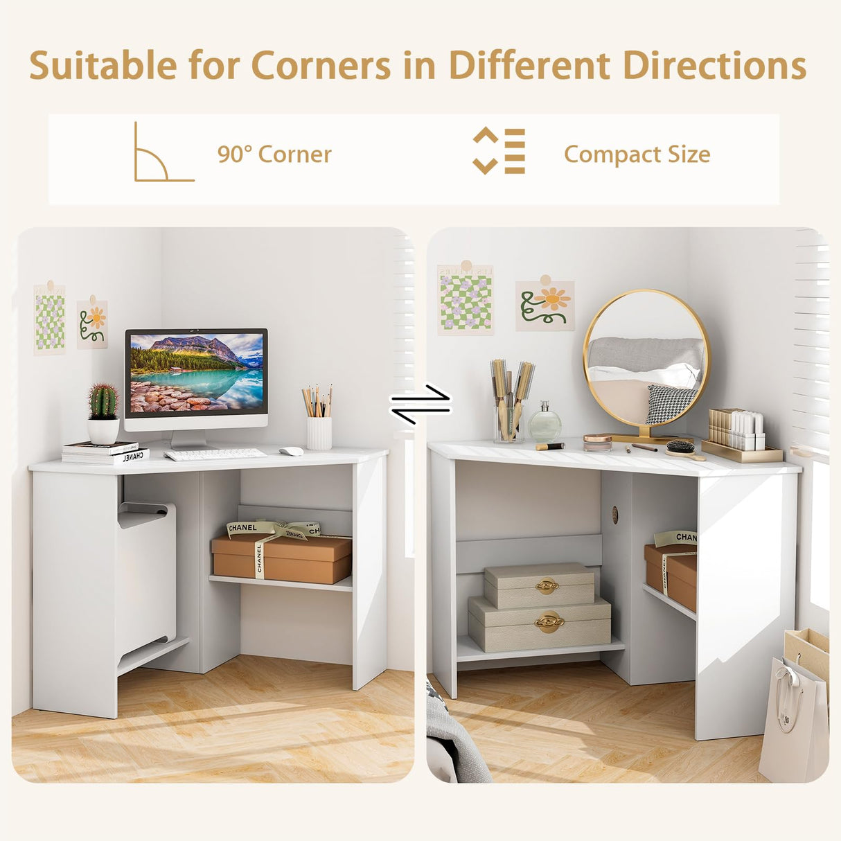 Tangkula White Corner Desk - 90 Degrees Triangle for Computer, Small Space, Bedroom, Makeup Vanity Desk with Storage Shelves & CPU Stand, Space Saving Writing Desk Tangkula