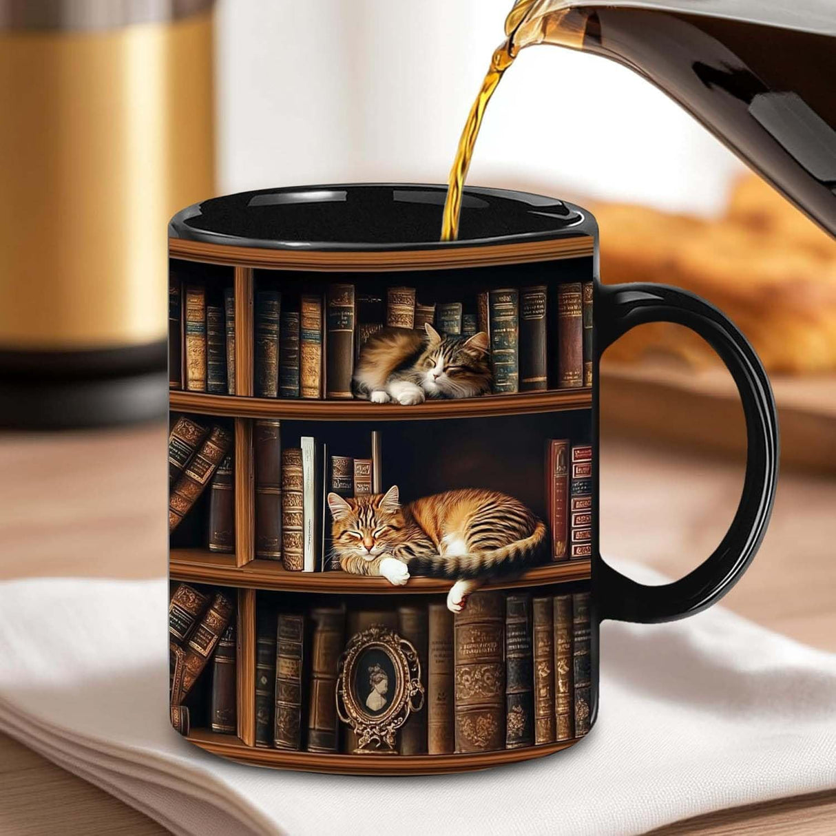 YIDAJI Bookshelf Gift - Cat Bookshelf Mug - Gifts For Women - Unique Gift For Book Lover, Reader, Librarian, Writer - Birthday Gift Idea For Cat Lover, Owner Cat - Book Mug, Coaster, Keychain YIDAJI