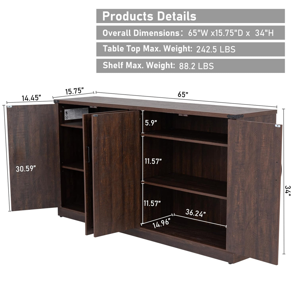 Sideboard Buffet Cabinet with Storage - 65’’ Large Farmhouse Buffet Table Coffee Bar Cabinets, Modern Accent Cabinet with Adjustable Shelf and 4 Doors, for Kitchen, Dining Room, Living Room, Brown chartustriable