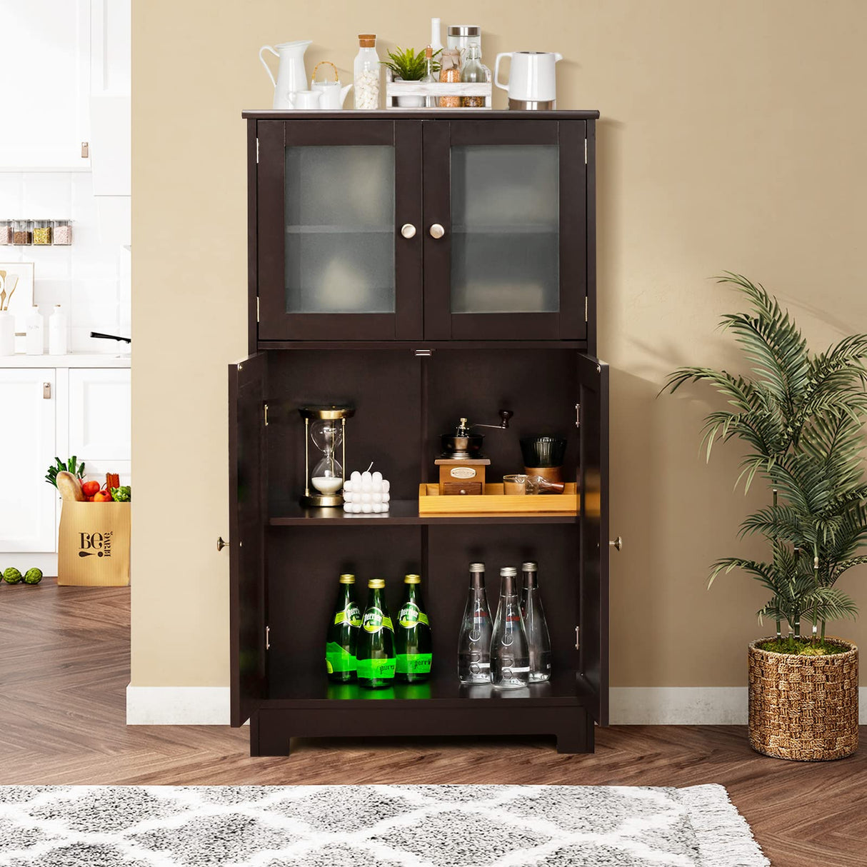Tangkula Brown Freestanding Bathroom Floor Cabinet with Glass Doors and Adjustable Shelf Tangkula