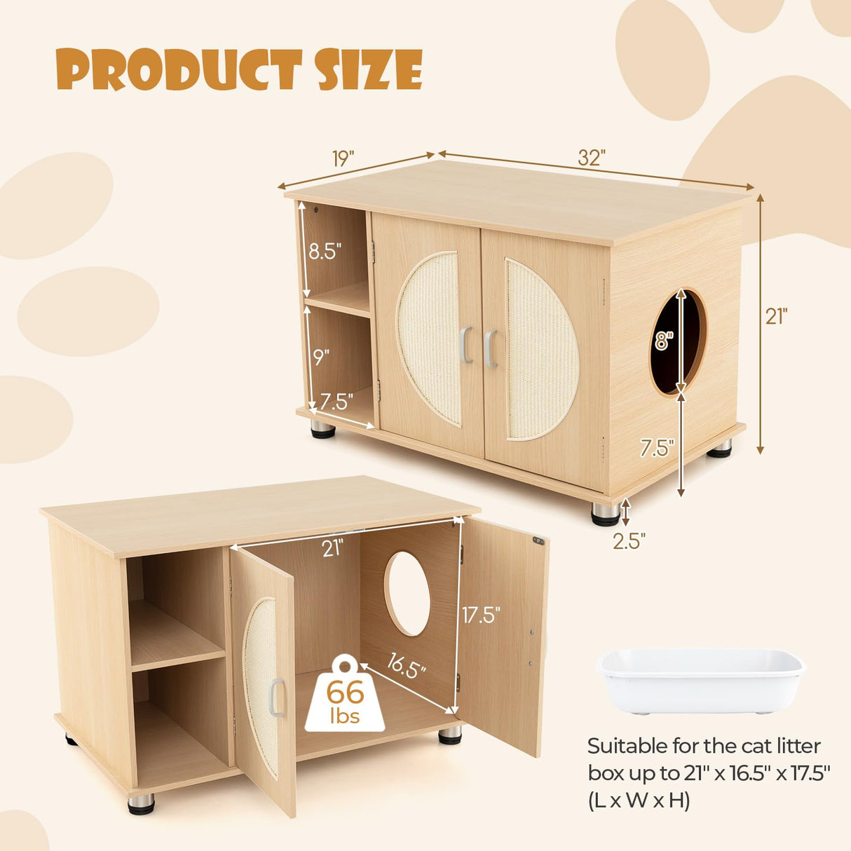 Tangkula Cat Litter Box Enclosure, Hidden Cat Washroom with Storage Shelf, Sisal Scratching Doors, Adjustable Metal Feet, Modern Cat Litter Cabinet Storage Bench, Hidden Litter Box Furniture (Natural) Tangkula