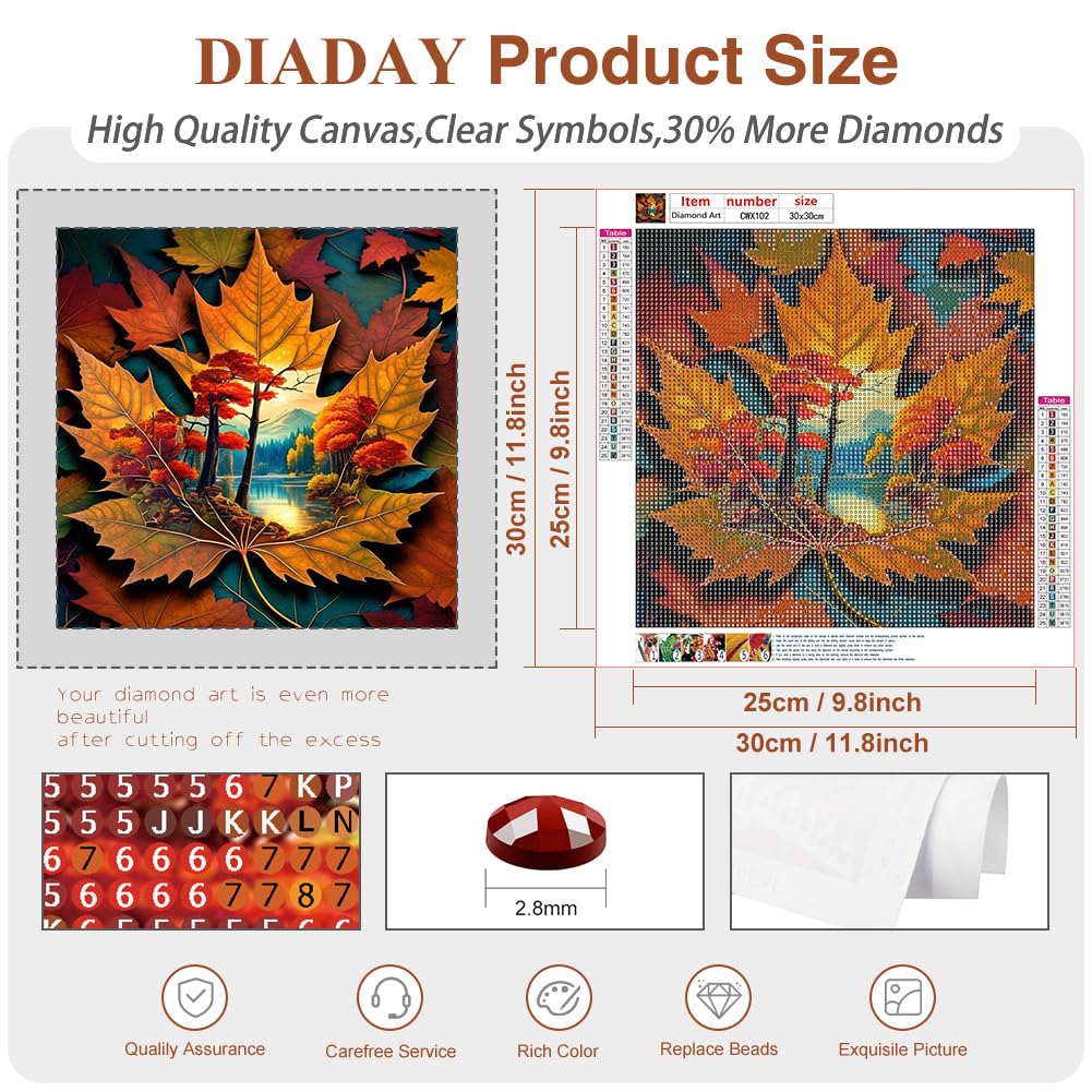 DIADAY Diamond Painting Kit, Fall Leaves Diamond Art Kits for Adults, 5D Full Drill Fall Landscape Diamond Painting, DIY Round Gem Craft Arts Home Wall Decor Gift 12 x 12 Inches DIADAY