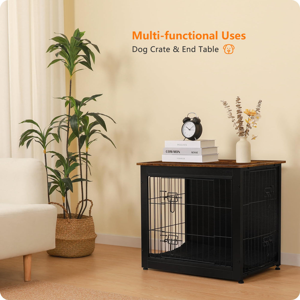 DWANTON Dog Crate Furniture with Cushion, Wooden Dog Crate with Double Doors, Dog Furniture, Dog Kennel Indoor for Small Dog,End Table, 27.2" L, Black+Rustic Brown Dwanton