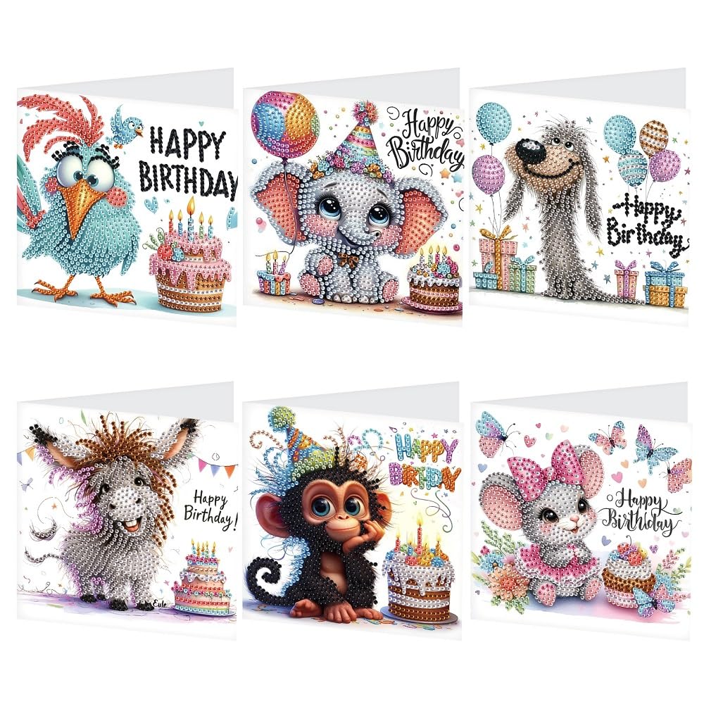 6-Pack Pets Birthday Diamond Painting Greeting Card Kits, Special Shaped Diamonds Painting, DIY Handcraft for Relatives and Friends with Wishes,Unique Design Crafting for Birthday Cards Focart