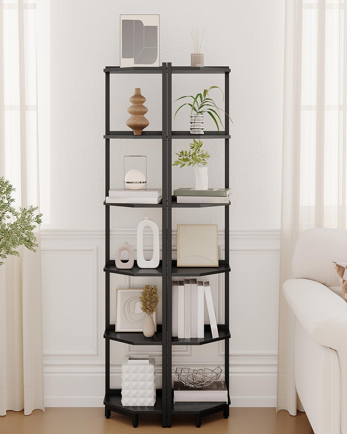 Hzuaneri Corner Shelf Stand, Corner Bookshelf, Storage Standing Shelf Unit with Metal Frame, Plant Stand, Corner Bookcase for Living Room, Home Office, Bedroom, 6-Tier Black CS06006B Hzuaneri