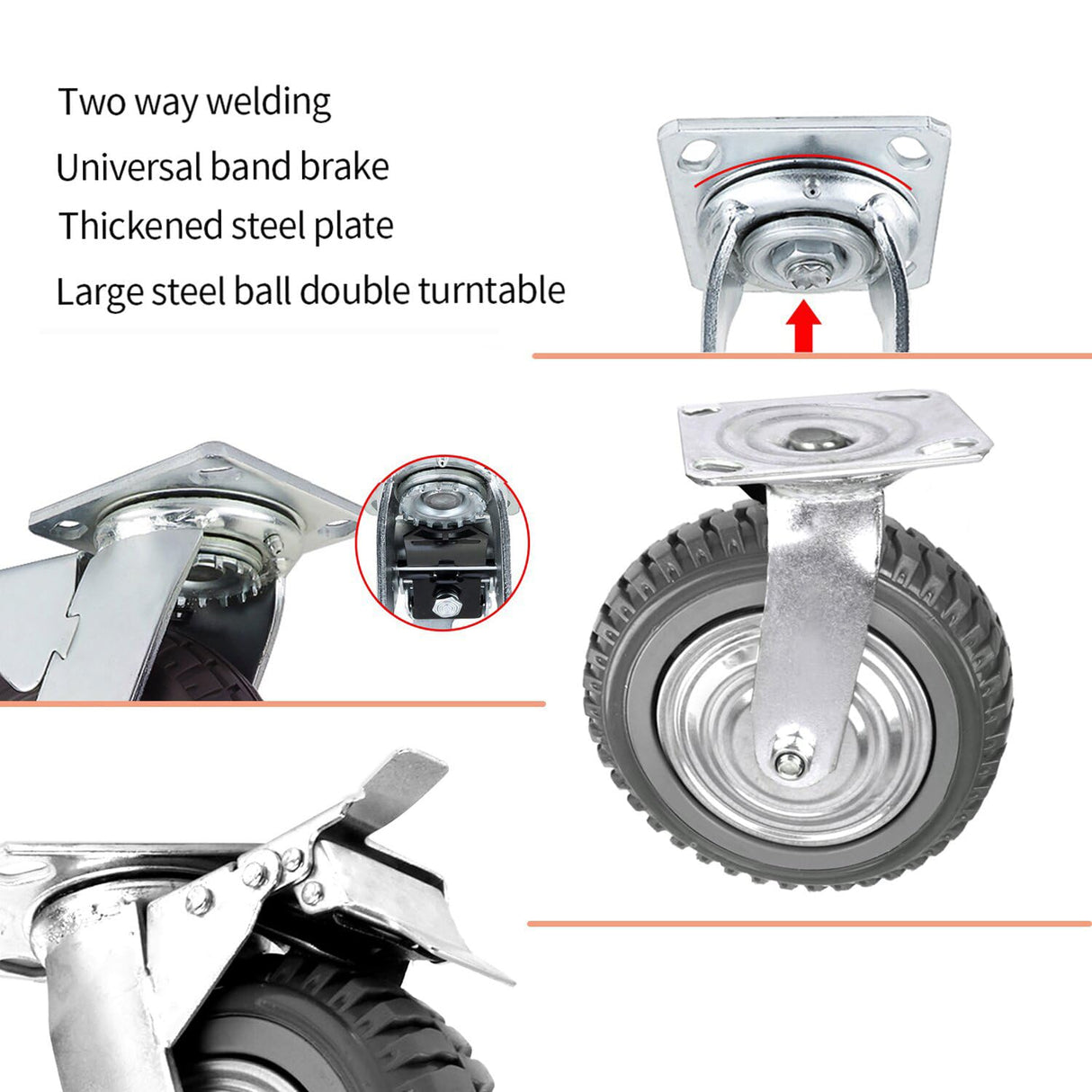 uyoyous 6'' Caster Wheels Heavy Duty 4 Pack Cart Swivel Wheels Load 1760 lbs Silent Ball Bearing Solid Wheel with 360° Rotation Top Plate (2 with Brakes& 2 Without) uyoyous