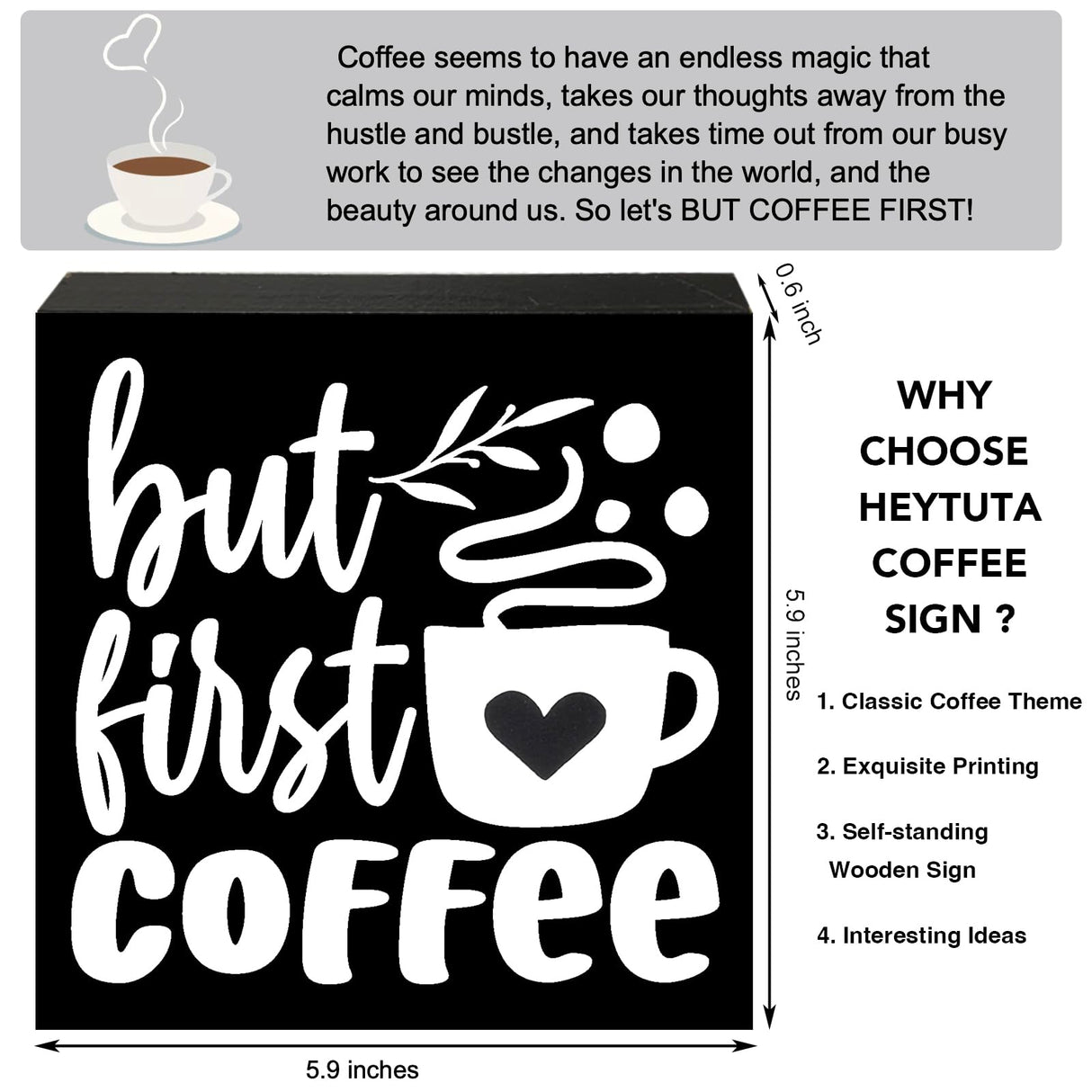 Coffee Bar Decor, But First Coffee Sign, Coffee Bar Sign, Wood Box Sign for Rustic Farmhouse Kitchen Tiered Tray Decor, Coffee Bar Accessories Coffee Station Decor HEYTUYA